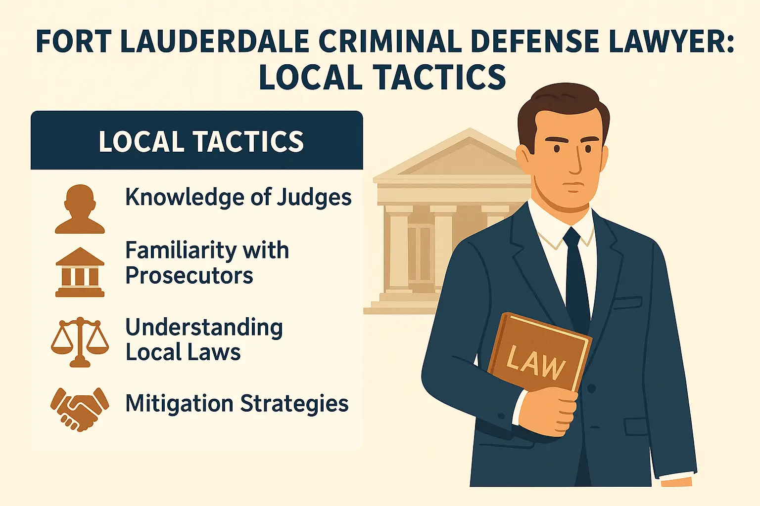 Horizontal infographic titled “Fort Lauderdale Criminal Defense Lawyer: Local Tactics.” A confident attorney in a navy suit holds a law book, standing before a courthouse and palm tree backdrop. Left panel labeled “Local Tactics” lists: Knowledge of Judges, Familiarity with Prosecutors, Understanding Local Laws, and Mitigation Strategies — each paired with simple icons. The design uses a clean, modern navy, beige, and burnt orange palette matching the Broward County legal series.