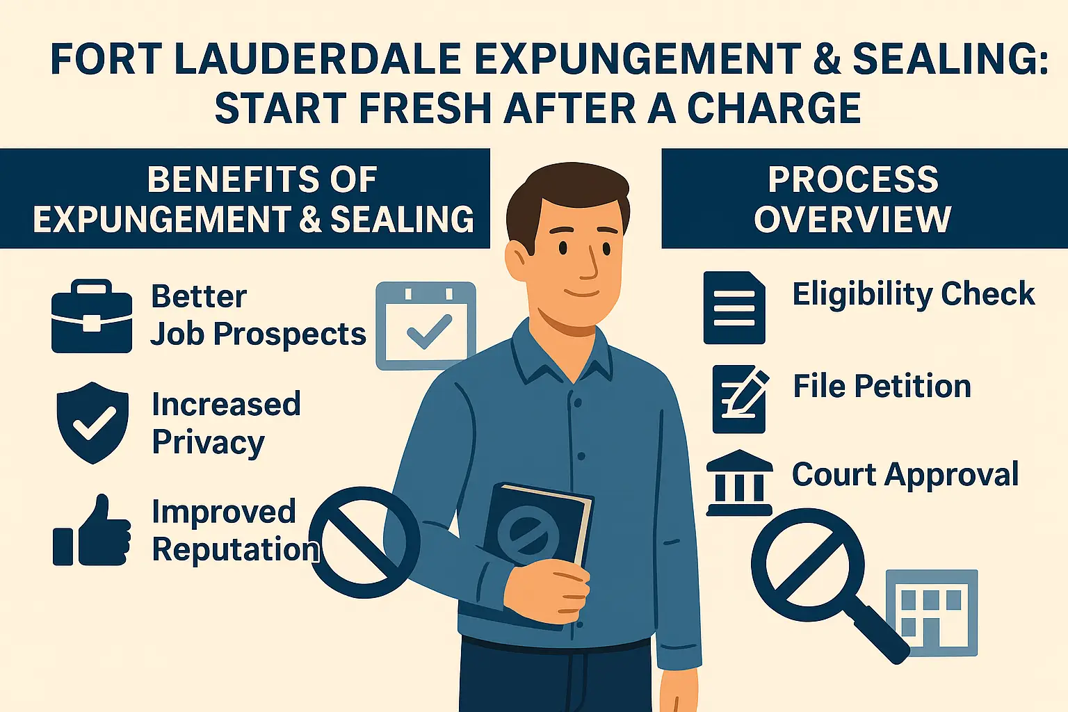 Fort Lauderdale expungement and sealing infographic, featuring a man holding a tablet, highlighting benefits like better job prospects, increased privacy, and improved reputation, alongside a process overview including eligibility check, file petition, and court approval.