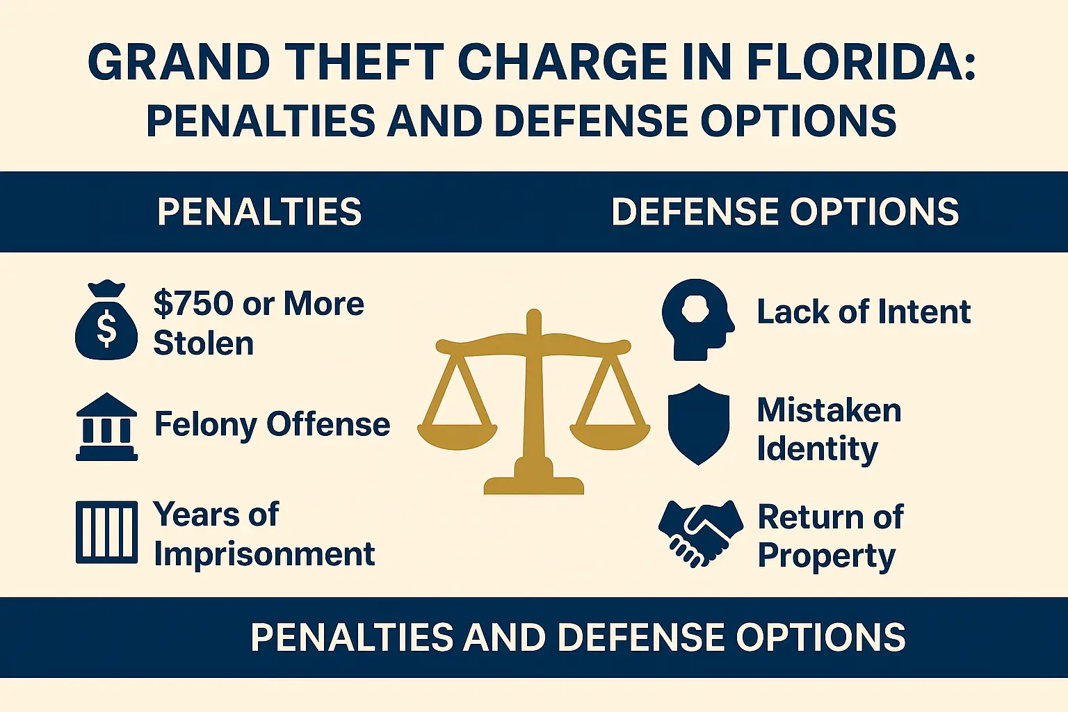 Grand theft charge in Florida infographic highlighting penalties including $750 or more stolen, felony offense, years of imprisonment, and defense options such as lack of intent, mistaken identity, and return of property.