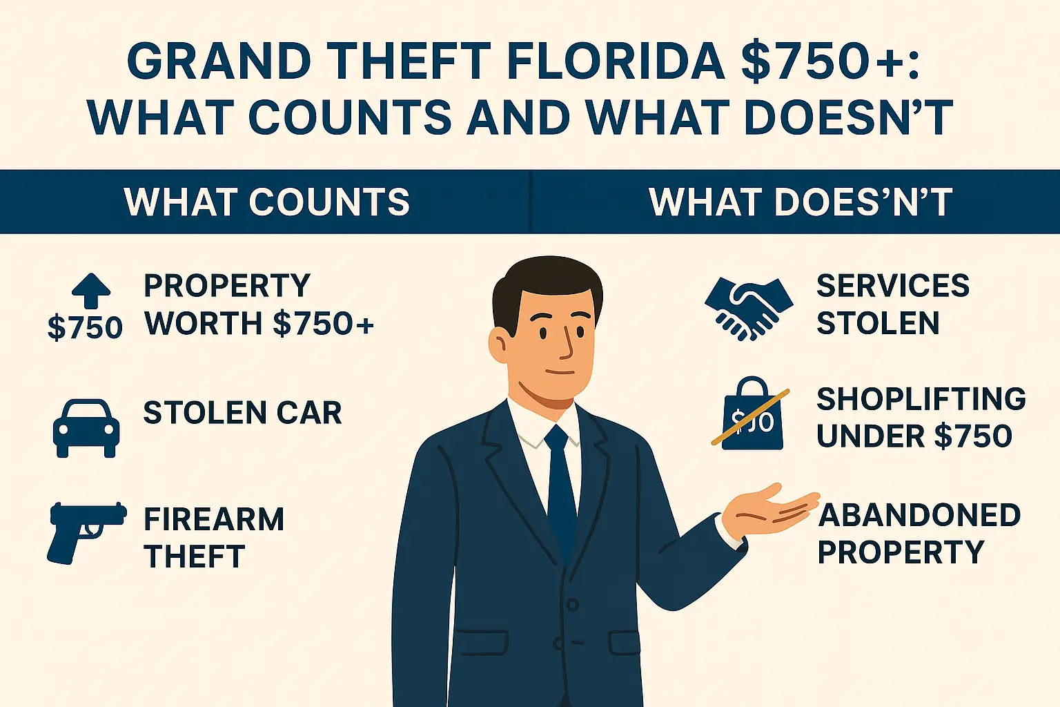 Infographic titled "Grand Theft Florida $750+: What Counts and What Doesn&rsquo;t," featuring a man in a suit explaining legal distinctions between theft categories, including property worth over $750, stolen cars, and firearm theft on the left, and services stolen, shoplifting under $750, and abandoned property on the right.