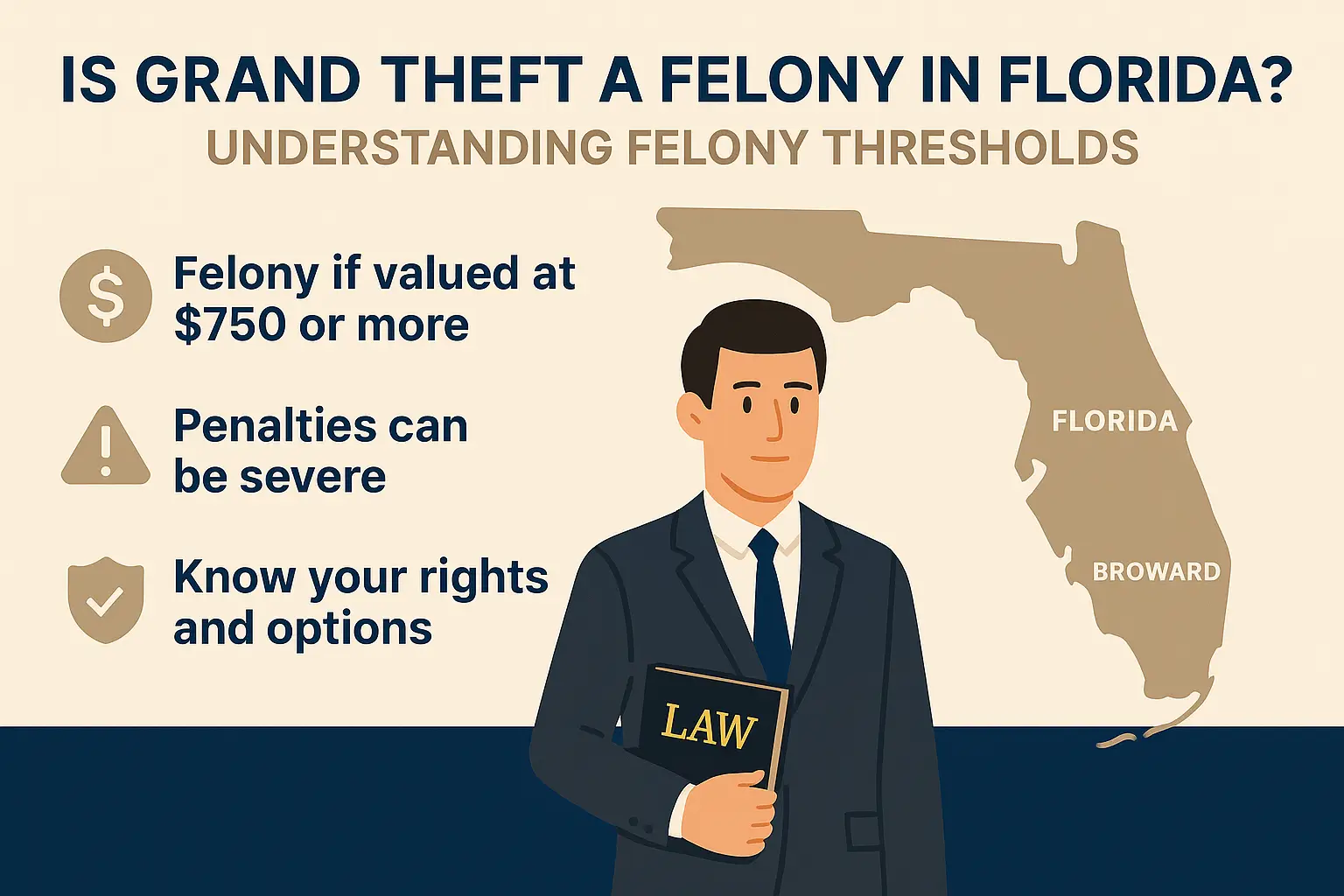Is Grand Theft a Felony in Florida? infographic highlighting felony thresholds, penalties, and legal rights, featuring a man holding a law book and a map of Florida.