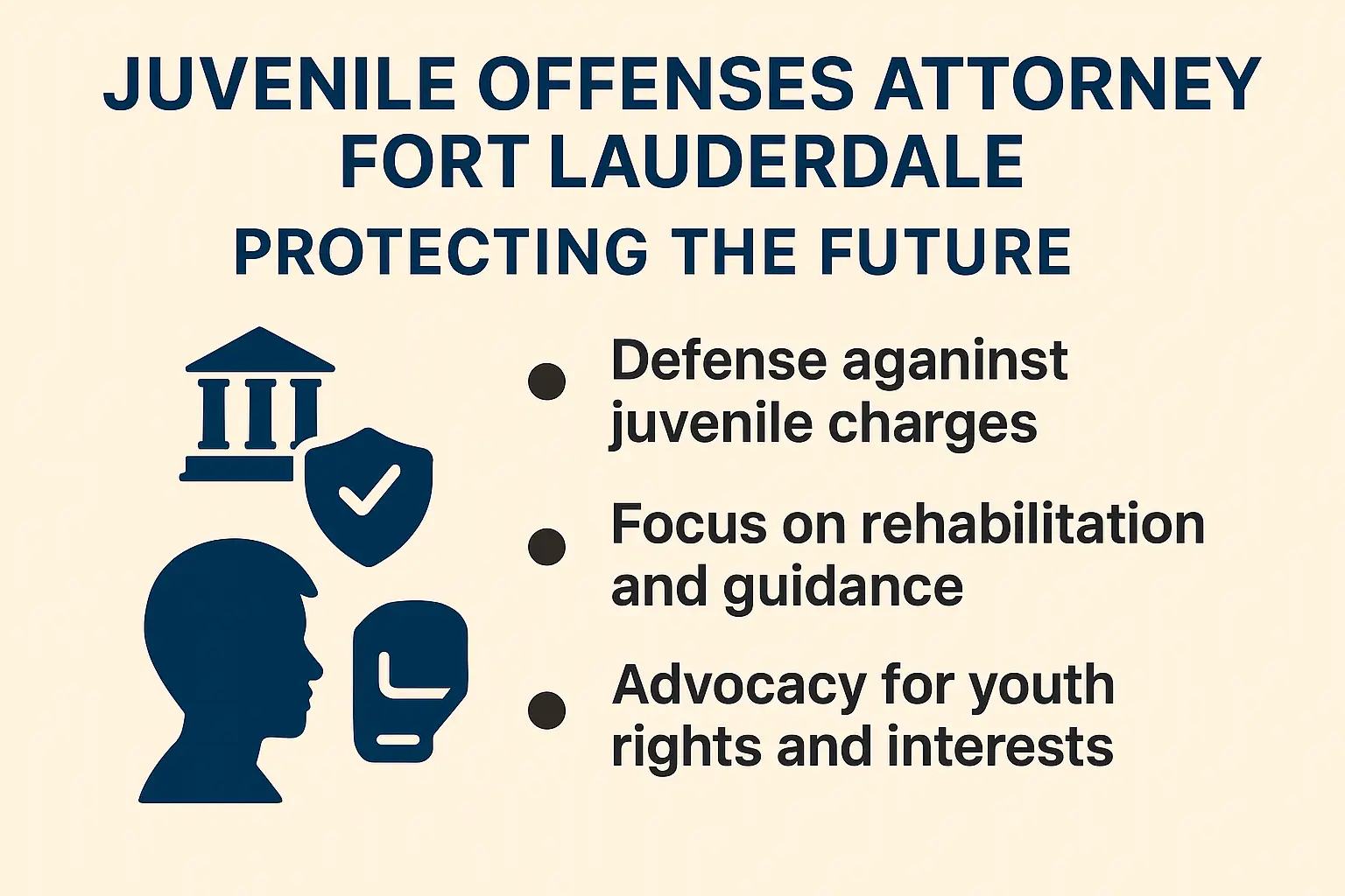 Juvenile Offenses Attorney Fort Lauderdale graphic highlighting defense against juvenile charges, focus on rehabilitation, and advocacy for youth rights.