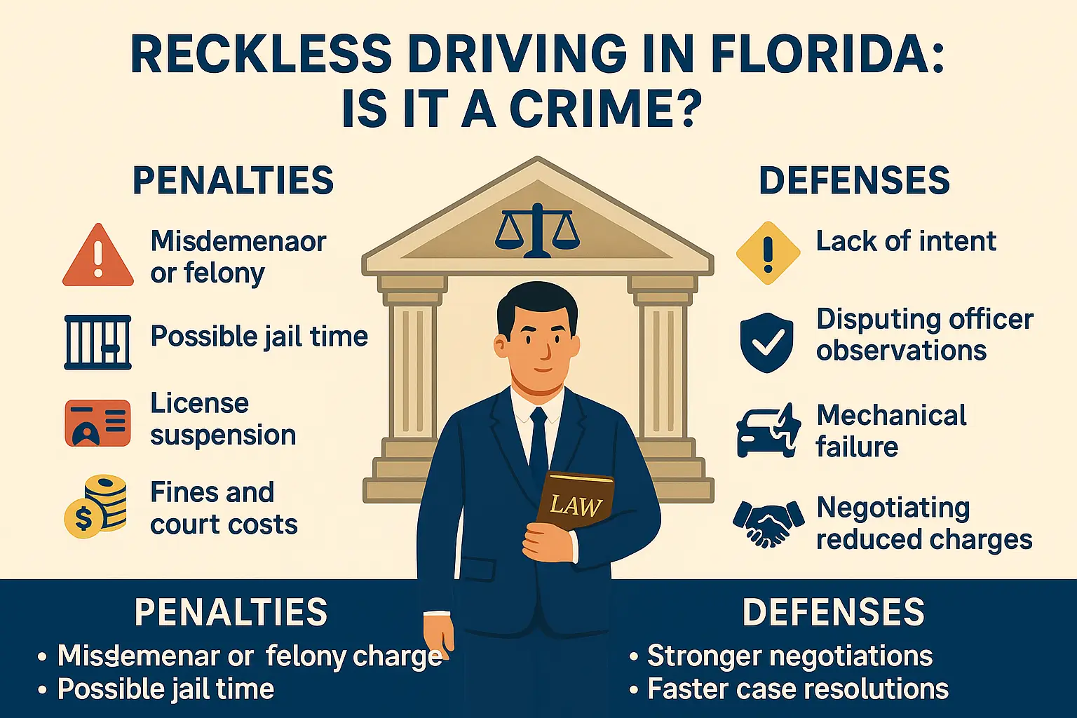 Reckless driving in Florida infographic highlighting penalties and defenses, featuring a man in a suit holding a law book in front of a courthouse, emphasizing legal implications and defense strategies.