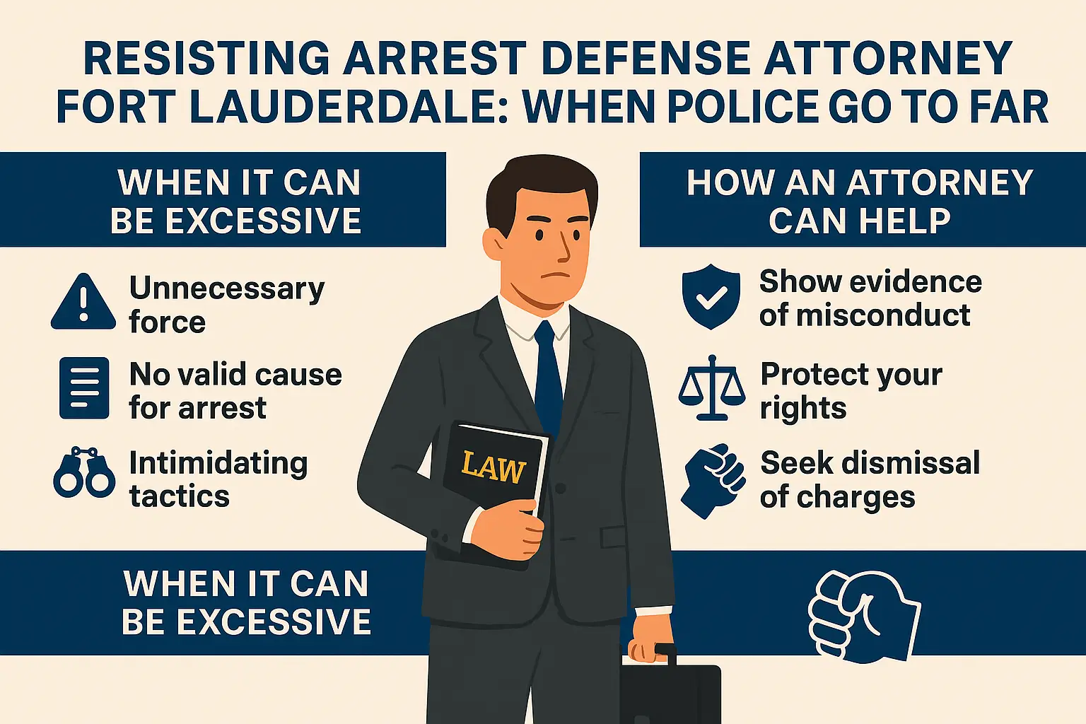 Resisting arrest defense attorney graphic for Fort Lauderdale, illustrating excessive police force, lack of valid arrest cause, and intimidating tactics, alongside legal support strategies to show misconduct and protect rights.