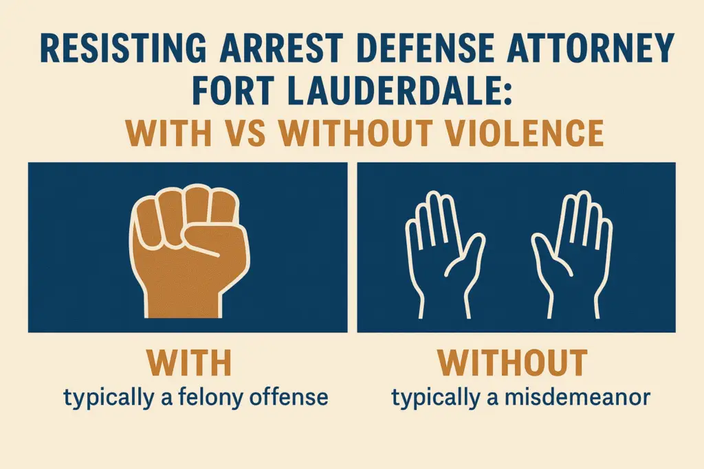 Resisting arrest defense attorney Fort Lauderdale graphic illustrating "with vs without violence," featuring a raised fist symbolizing felony offense and open hands indicating misdemeanor.