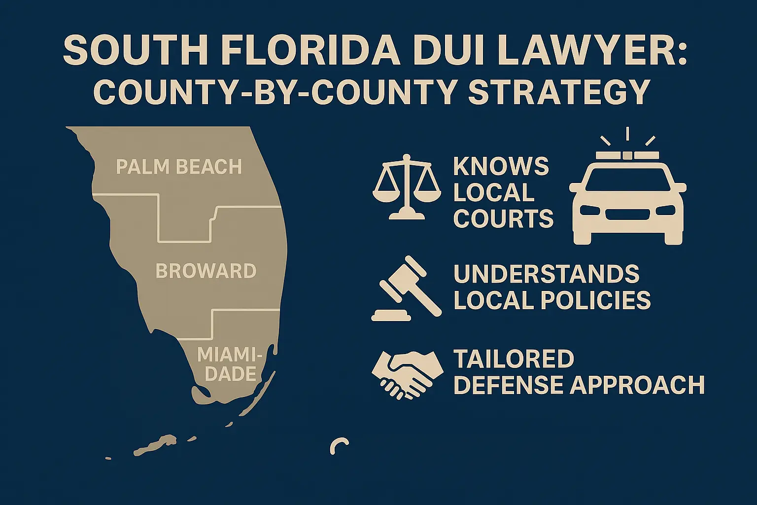 South Florida DUI lawyer graphic illustrating county-by-county strategy, highlighting Palm Beach, Broward, and Miami-Dade counties, with icons for local court knowledge, understanding of local policies, and tailored defense approaches.