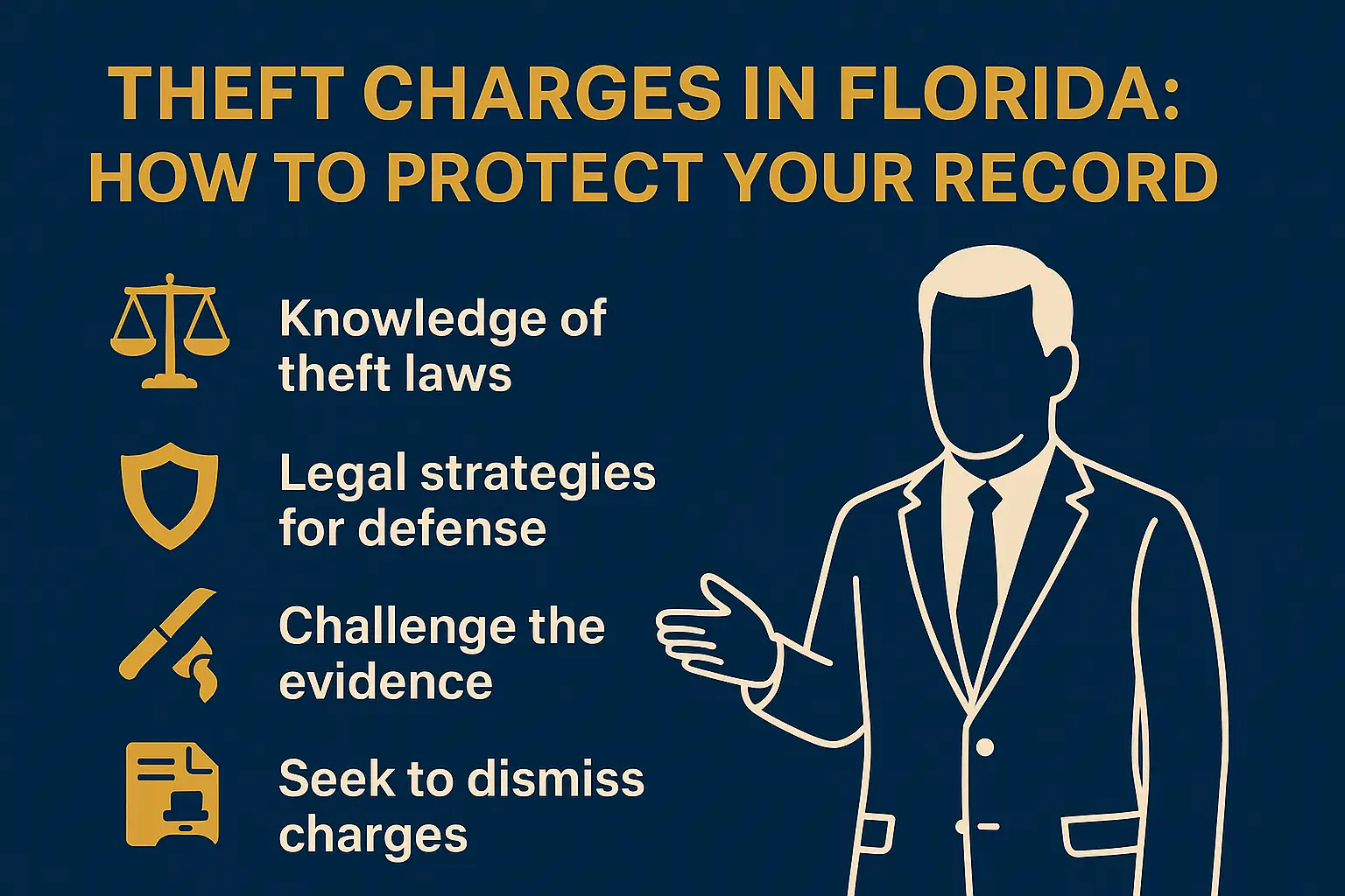 Theft charges in Florida infographic featuring a suited figure presenting key strategies: knowledge of theft laws, legal defense strategies, challenging evidence, and seeking to dismiss charges.