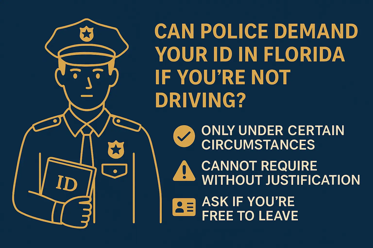 Horizontal infographic titled “Can Police Demand Your ID in Florida if You’re Not Driving?” Navy-blue background with gold and white text. Left side features scales of justice icon with text: “If you are detained or under arrest.” Right side shows outline of a police officer and text: “If not, you can refuse and must be free to go.” Clean, professional design explaining Florida’s stop-and-identify law for non-driving encounters.