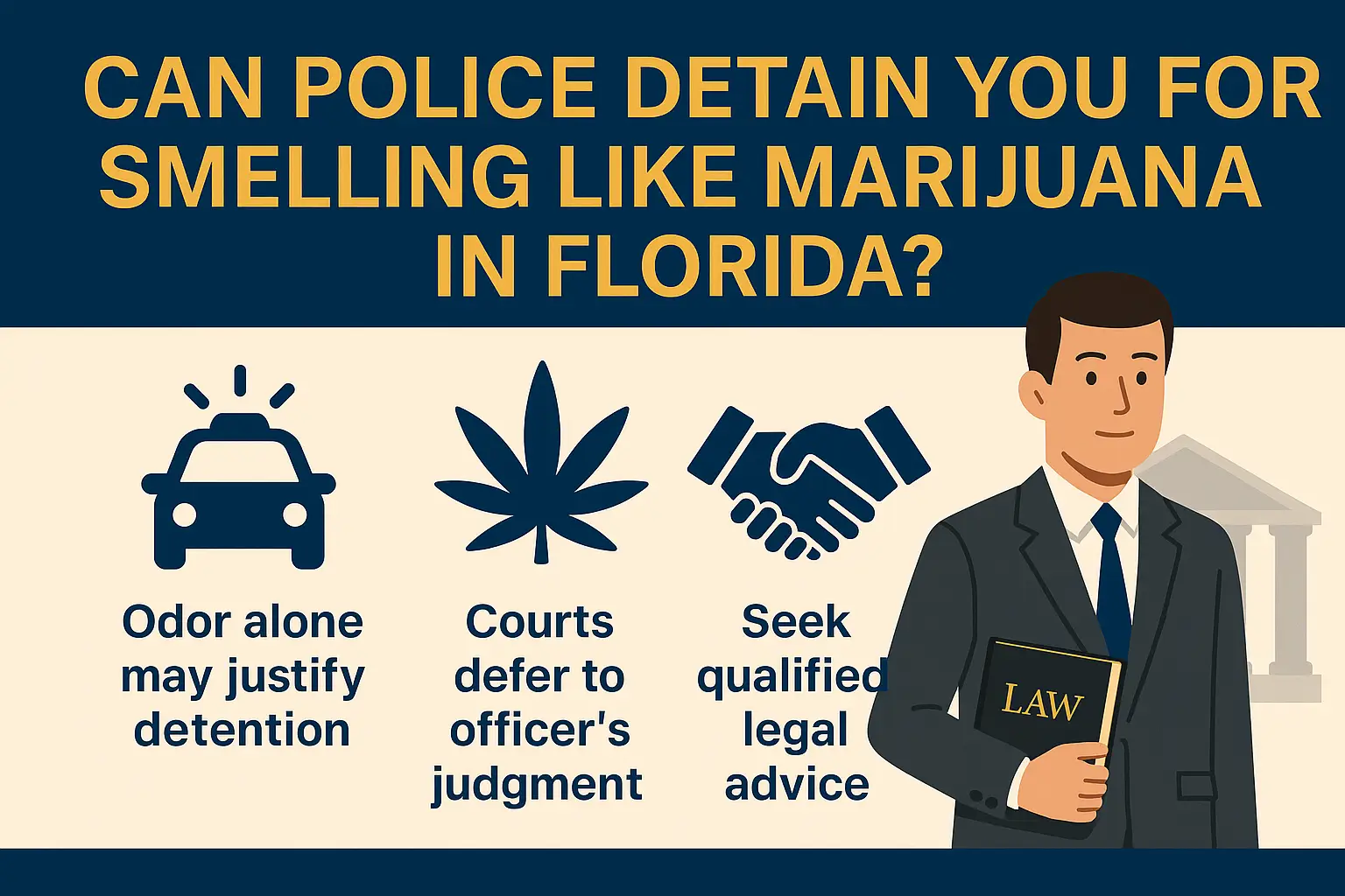 Horizontal infographic titled “Can Police Detain You for Smelling Like Marijuana in Florida?” Navy-blue and beige background with gold accents. Three icons appear across the center: a police car with the caption “Odor alone may justify detention,” a marijuana leaf with the caption “Courts defer to officer’s judgment,” and a handshake icon with the caption “Seek qualified legal advice.” On the right side, an illustrated attorney in a suit holds a law book with a courthouse silhouette behind him.