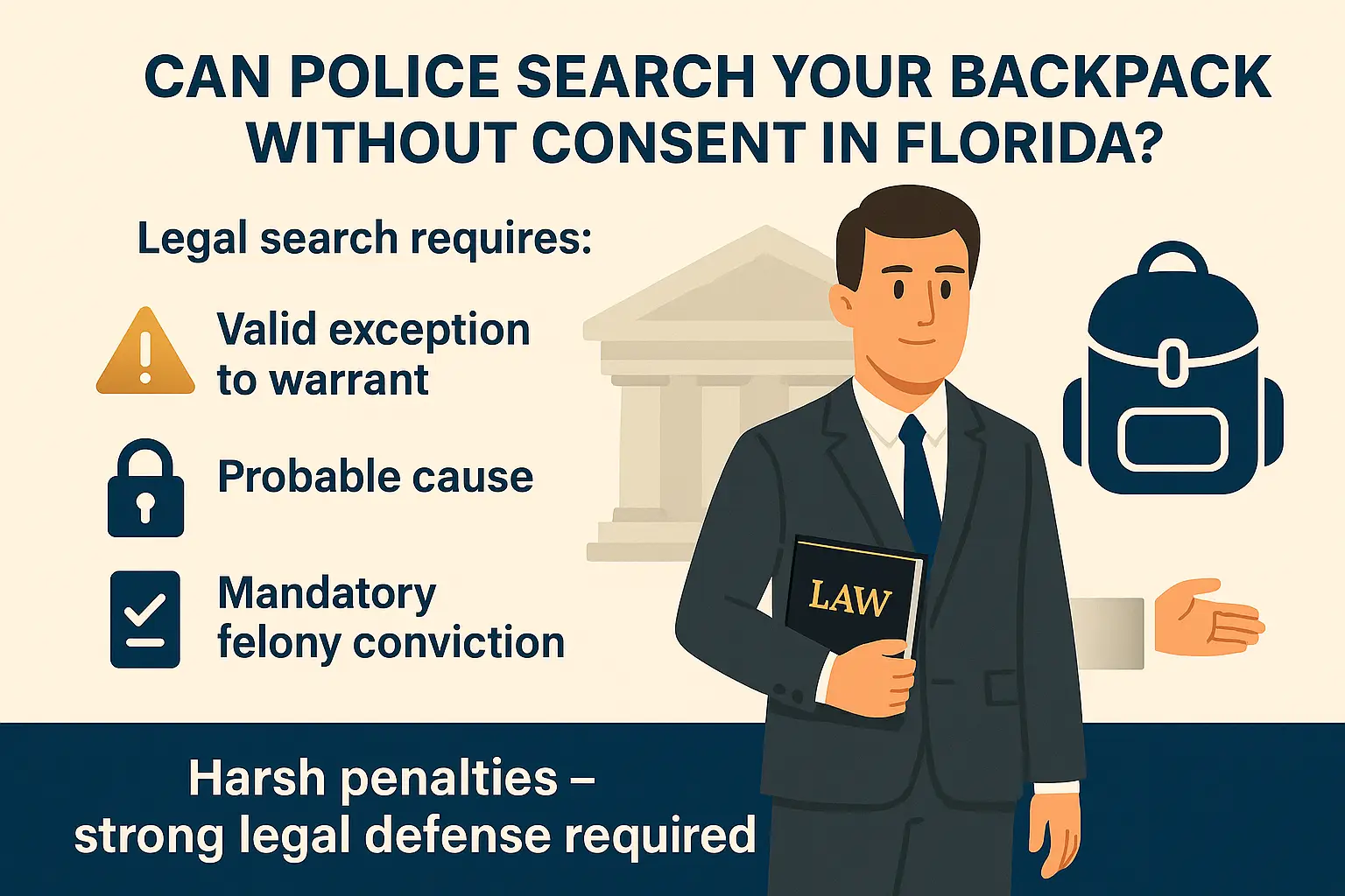 Horizontal infographic titled “Can Police Search Your Backpack Without Consent in Florida?” Beige background with navy-blue and gold accents. Left section lists requirements for a lawful search: “Valid exception to warrant,” “Probable cause,” and “Mandatory felony conviction” with matching icons including a warning sign, padlock, and checkmark. Right side shows an attorney holding a law book next to a courthouse illustration and a navy-blue backpack icon. Bottom bar reads: “Harsh penalties — strong legal defense required.