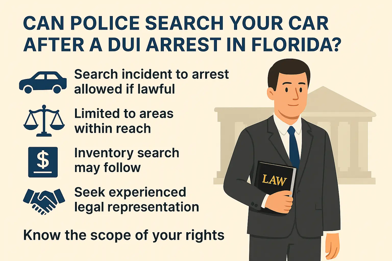 Horizontal infographic titled “Can Police Search Your Car After a DUI Arrest in Florida?” Beige background with navy-blue and gold accents. Left column lists: “Search incident to arrest allowed if lawful,” “Limited to areas within reach,” “Inventory search may follow,” and “Seek experienced legal representation,” each with matching icons (car, scales, dollar sign, handshake). Right side features an illustrated attorney holding a law book with a courthouse silhouette behind him. No bottom bars are present.