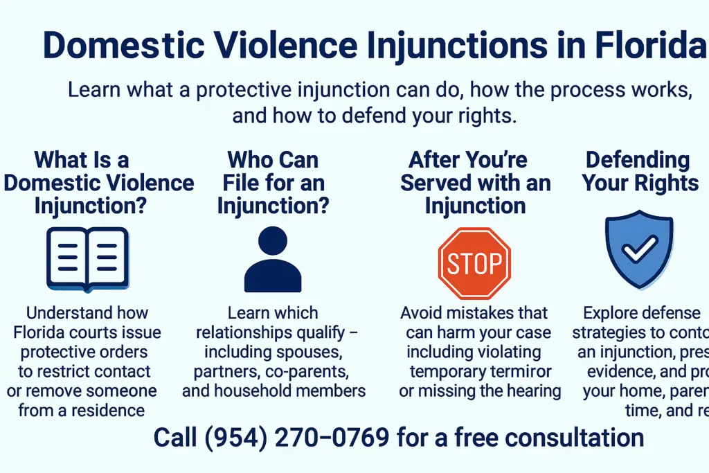 Horizontal infographic titled ‘Domestic Violence Injunctions in Florida,’ with four sections explaining what a domestic violence injunction is, who can file for one, what to do after being served, and how to defend your rights. Includes icons of a book, a person silhouette, a stop sign, and a shield, plus a call to call (954) 270-0769 for a free consultation.