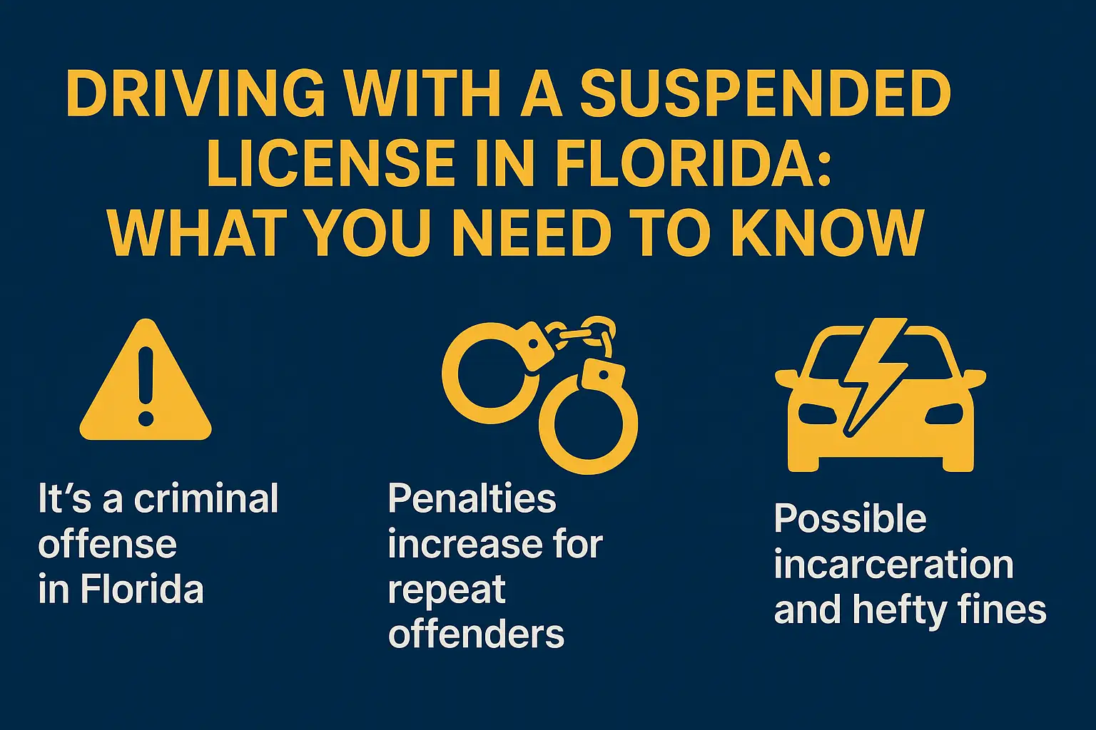 Horizontal infographic titled “Driving With a Suspended License in Florida: What You Need to Know.” Dark navy background with gold icons and white text. Three sections appear beneath the title: a warning triangle icon with the caption “It’s a criminal offense in Florida,” a handcuff icon with the caption “Penalties increase for repeat offenders,” and a car icon with a lightning symbol labeled “Possible incarceration and hefty fines.” Clean, bold design presenting key consequences of driving with a suspended license.