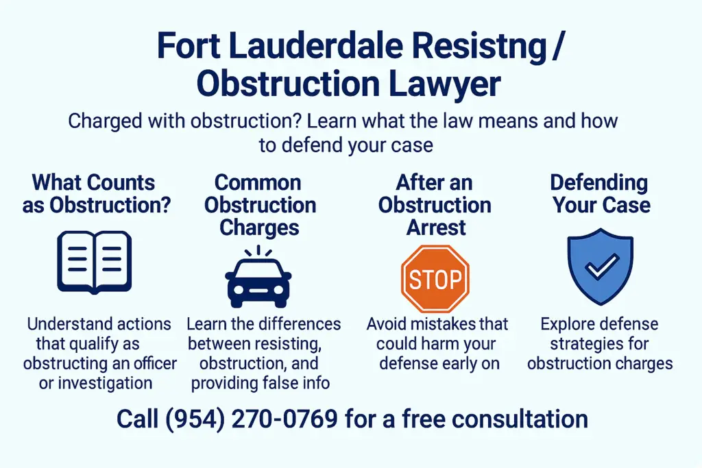 Fort Lauderdale Resisting/Obstruction Lawyer infographic highlighting obstruction definitions, common charges, post-arrest advice, and defense strategies with contact information for consultations.