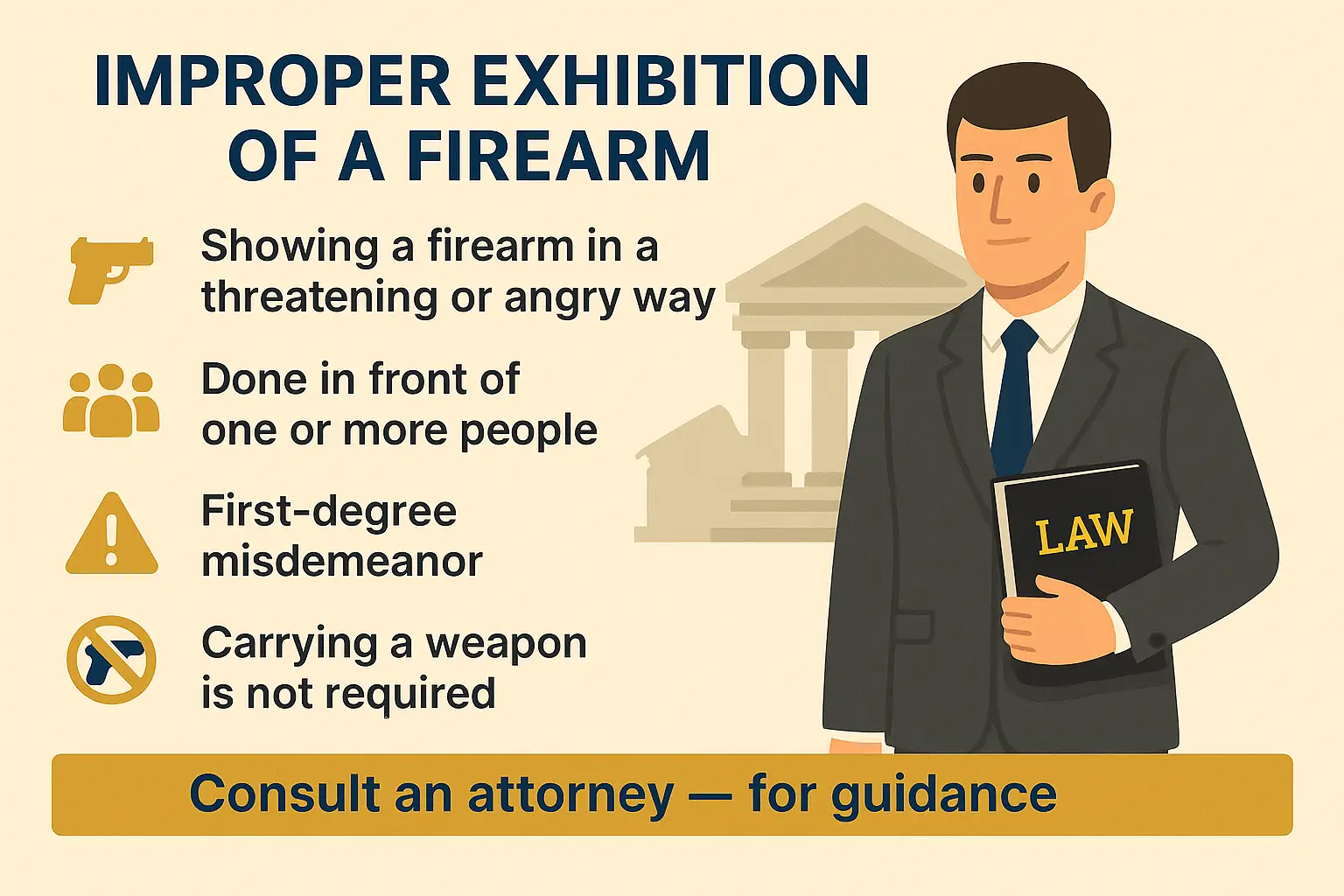 Improper exhibition of a firearm infographic highlighting legal definitions and consequences in Florida, including threats, public display, and misdemeanor classification.