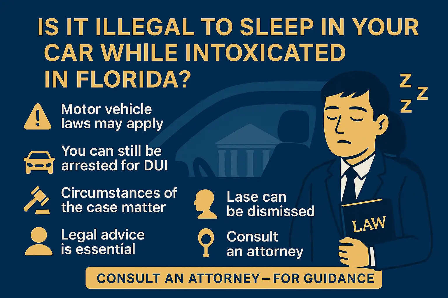 Horizontal infographic titled “Is It Illegal to Sleep in Your Car While Intoxicated in Florida?” Navy-blue background with gold and white accents. Left column lists: “Motor vehicle laws may apply,” “You can still be arrested for DUI,” “Circumstances of the case matter,” and “Legal advice is essential,” each with matching icons (warning triangle, car, gavel, person silhouette). Right side features an illustration of a sleeping man in a suit holding a law book inside a car, with a courthouse silhouette behind him and “Zzz” icons above. Bottom gold bar reads: “Consult an attorney — for guidance.”