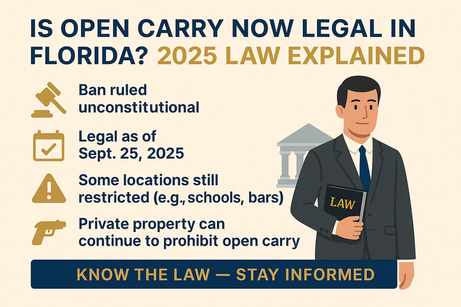 Infographic explaining Florida's open carry law changes in 2025, highlighting the unconstitutionality of the previous ban, legal status as of September 25, 2025, restrictions in certain locations, and private property rights.