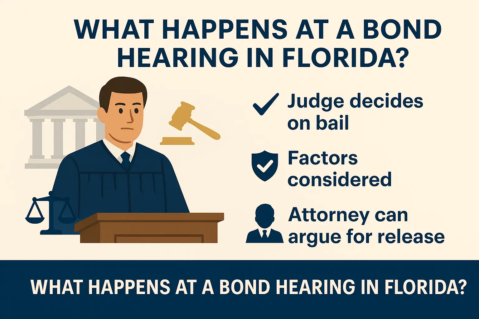 Horizontal infographic titled “What Happens at a Bond Hearing in Florida?” Beige background with navy-blue and gold accents. Left side shows a judge in a robe seated at the bench with a courthouse behind him and scales of justice in front. Right side lists: “Judge sets bail amount,” “Court date is scheduled,” and “Arguments for release heard,” each with icons including a checkmark, calendar, and speech bubble. Clean, professional design explaining Florida bond hearings.