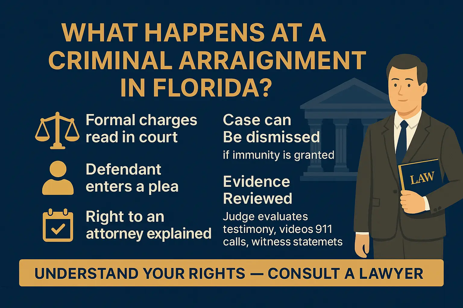 Horizontal infographic titled “What Happens at a Criminal Arraignment in Florida?” Navy-blue background with gold and white accents. Left column lists: “Formal charges read in court,” “Defendant enters a plea,” and “Right to an attorney explained,” each with icons of scales, person silhouette, and calendar. Right column includes: “Case can be dismissed if immunity is granted” and “Evidence reviewed — judge evaluates testimony, videos, 911 calls, witness statements,” with icons of courthouse and magnifying glass. Right side shows an illustration of an attorney holding a law book. Bottom gold bar reads: “Understand your rights — consult a lawyer.”