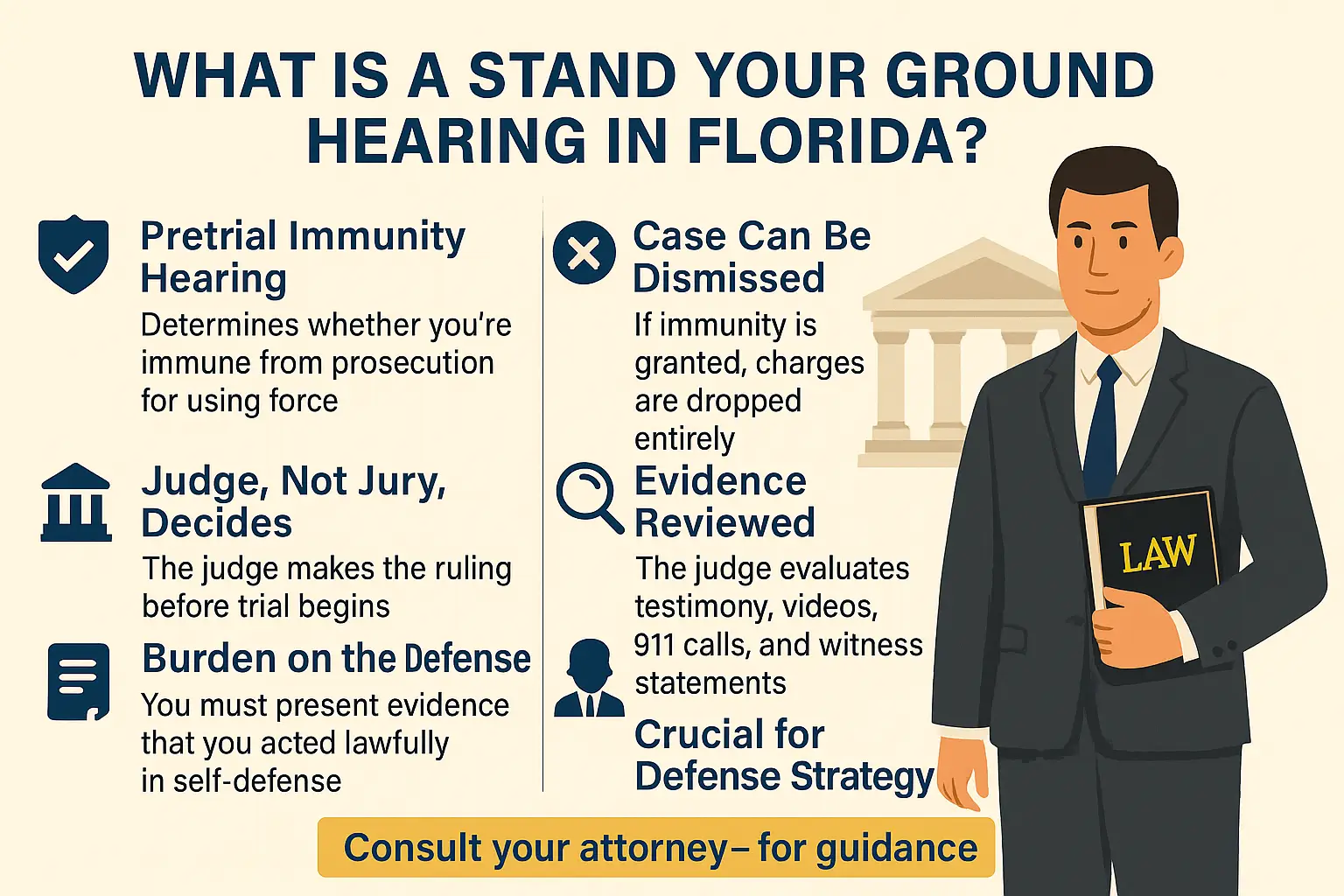 Horizontal infographic titled “What Is a Stand Your Ground Hearing in Florida?” Beige background with navy-blue and gold accents. Left side lists: “Pretrial immunity hearing — determines whether you’re immune from prosecution for using force,” “Judge, not jury, decides — the judge makes the ruling before trial,” and “Burden on the defense — you must present evidence of lawful self-defense,” each with matching icons (shield, document, user silhouette). Right side lists: “Case can be dismissed if immunity is granted,” “Evidence reviewed — judge evaluates testimony, videos, 911 calls, and witness statements,” and “Crucial for defense strategy,” with icons (X symbol, magnifying glass, attorney silhouette). Right side also shows an illustrated attorney holding a law book with a courthouse silhouette behind him. Bottom gold bar reads: “Consult your attorney — for guidance.”