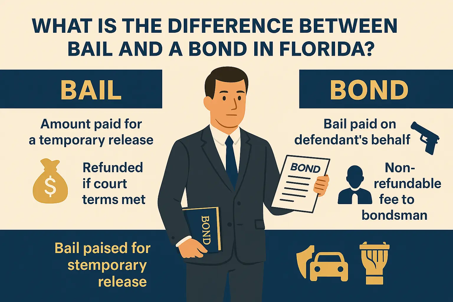 Horizontal infographic titled “What Is the Difference Between Bail and a Bond in Florida?” Beige background with navy-blue and gold accents. Left column labeled “Bail” lists: Money paid to release from jail, Returned if you attend court. Right column labeled “Bond” lists: Company’s promise to pay bail, You pay a fee to bondsman. Center features a man in a navy suit holding a law book labeled “BOND,” illustrating Florida bail and bond law distinctions.