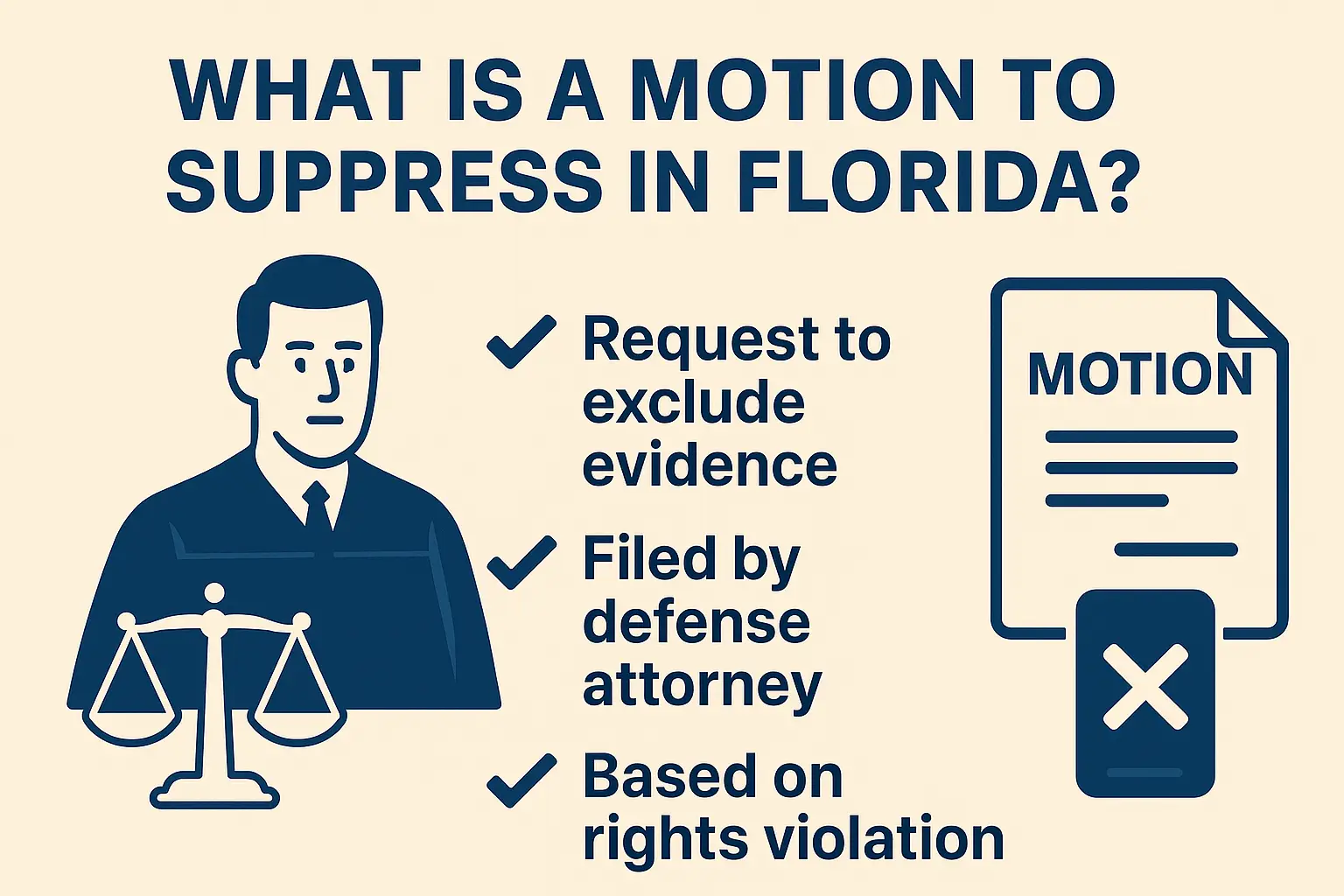 Horizontal infographic titled “What Is a Motion to Suppress in Florida?” Beige background with navy-blue text and icons. Left side shows a judge illustration above scales of justice. Right side lists: “Request to exclude evidence,” “Filed by defense attorney,” and “Based on rights violation,” with matching checkmark and document icons. Clean, professional legal design explaining Florida motions to suppress.