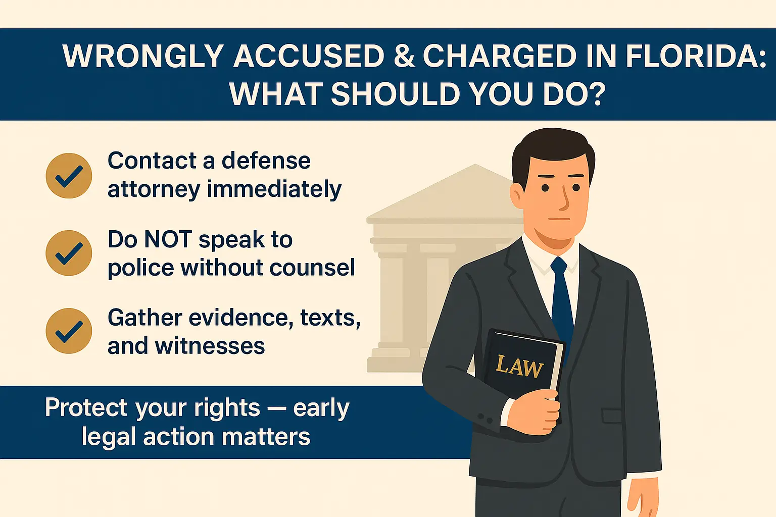 Horizontal infographic titled “Wrongly Accused & Charged in Florida: What Should You Do?” Beige background with navy-blue and gold accents. Left section lists: “Contact a defense attorney immediately,” “Do NOT speak to police without counsel,” and “Gather evidence, texts, and witnesses,” with matching icons (checkmark, warning sign, and document). Right side shows an attorney holding a law book with courthouse silhouettes behind him. Bottom banner reads: “Protect your rights — early legal action matters.”