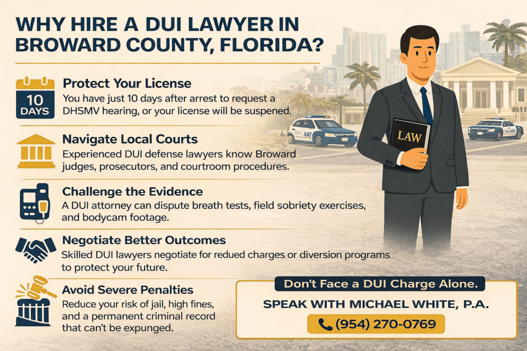 Horizontal infographic explaining why to hire a DUI lawyer in Broward County, Florida, highlighting the 10-day license suspension deadline, local court experience, challenging breath and field sobriety test evidence, negotiating reduced charges, and avoiding severe DUI penalties.
