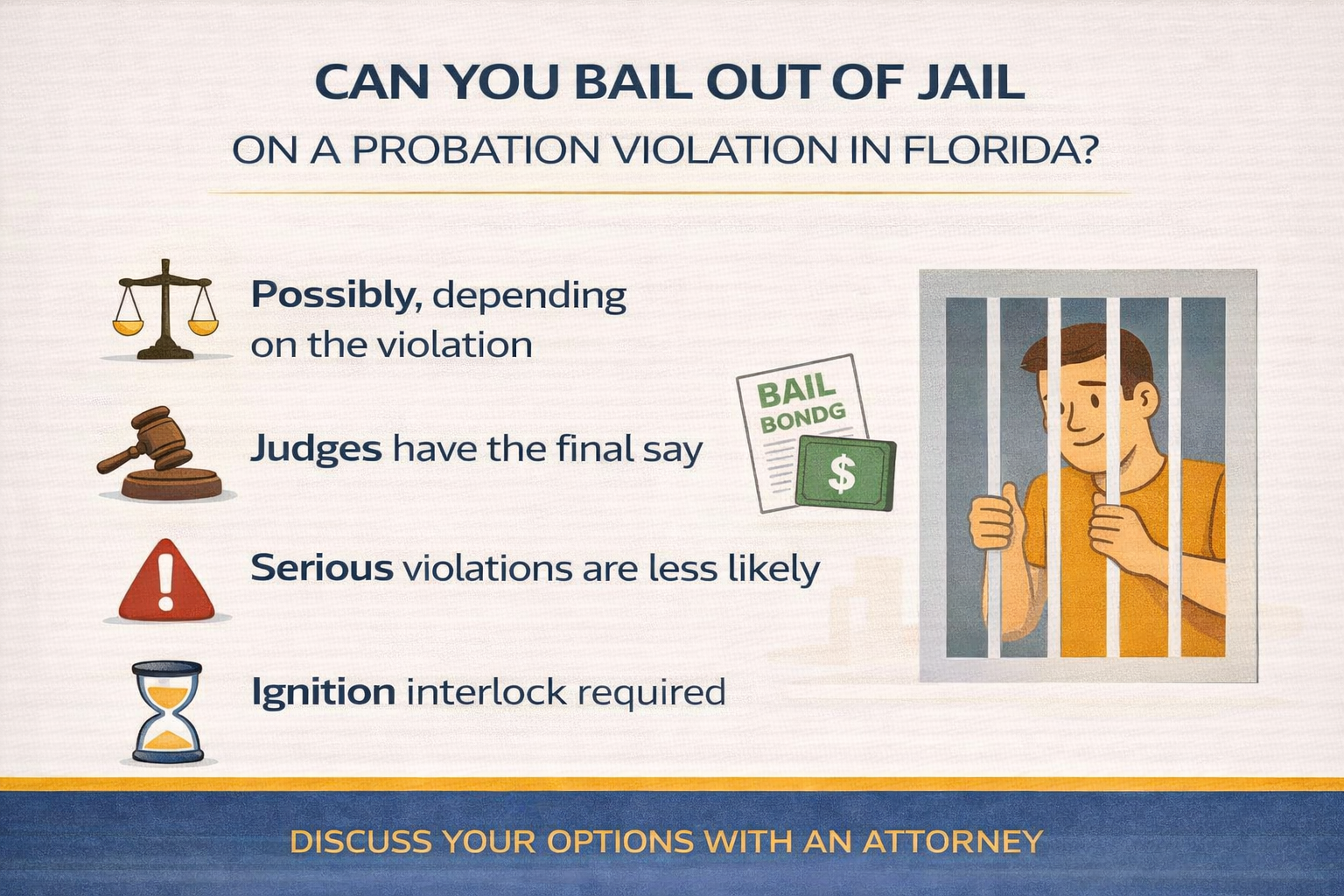 Horizontal infographic titled ‘Can You Bail Out of Jail on a Probation Violation in Florida?’ in a clean, flat illustration style on a light beige background with navy and gold accents. The graphic explains that bail on a probation violation may be possible depending on the nature of the violation, that judges have the final decision, and that serious violations are less likely to result in bond. Simple icons illustrate court authority, warnings, and time considerations, alongside an illustrated person behind jail bars. A bottom banner reads ‘Discuss Your Options With an Attorney.’