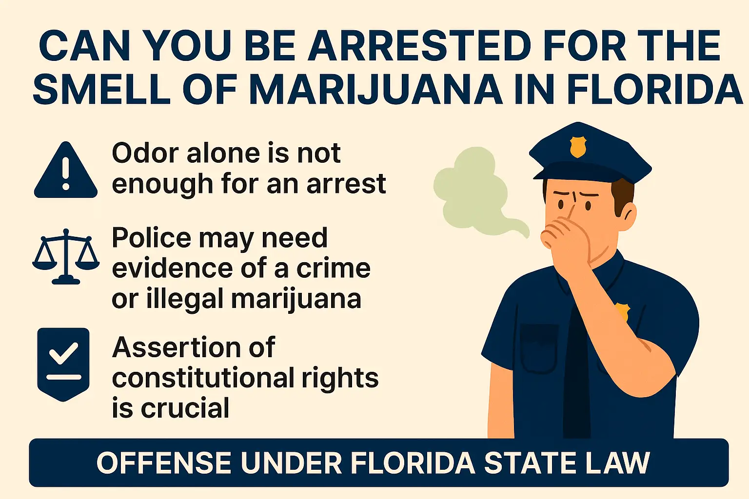 Horizontal infographic titled “Can You Be Arrested for the Smell of Marijuana in Florida?” Beige background with navy-blue text and icons. Left side lists three points with accompanying icons: a warning triangle labeled “Odor alone is not enough for an arrest,” scales of justice labeled “Police may need evidence of a crime or illegal marijuana,” and a checklist icon labeled “Assertion of constitutional rights is crucial.” Right side features an illustrated police officer covering his nose with visible green odor clouds, standing in front of a courthouse silhouette. Bottom navy bar reads “Offense under Florida state law.”
