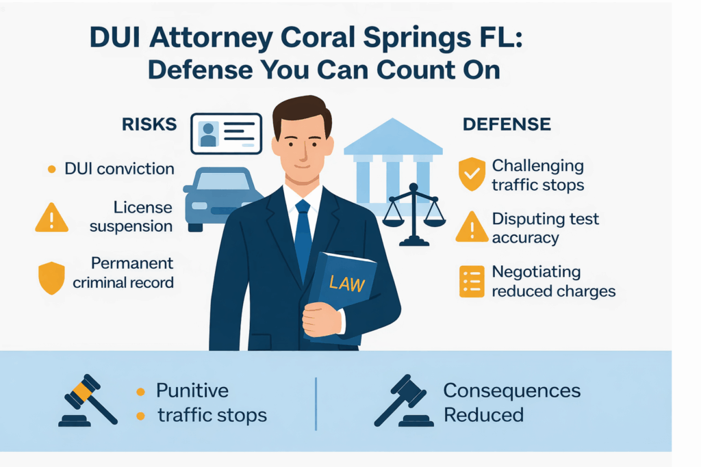 Infographic titled “DUI Attorney Coral Springs FL: Defense You Can Count On,” showing DUI risks such as conviction, license suspension, and permanent criminal record, alongside defense strategies including challenging traffic stops, disputing test accuracy, and negotiating reduced charges.