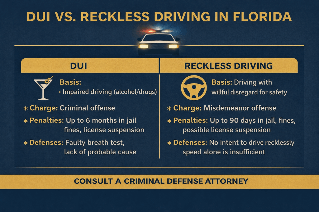 Horizontal infographic titled ‘Challenging Breath Tests in Florida’ with a dark blue background and gold headings. Three columns explain common issues used to challenge breath test results: procedural errors such as improper administration or lack of officer training, machine errors including calibration or malfunctioning devices, and physical factors like medical conditions or residual mouth alcohol. A gold banner at the bottom reads ‘Consult a DUI Defense Attorney.'