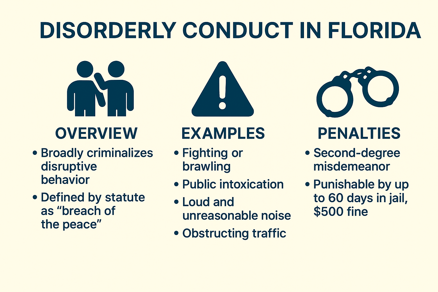 Horizontal infographic titled ‘Disorderly Conduct in Florida’ on a beige background with navy icons and text. Three sections explain the offense: an overview of disorderly conduct as a breach of the peace, examples such as fighting, public intoxication, loud unreasonable noise, and obstructing traffic, and penalties including a second-degree misdemeanor punishable by up to 60 days in jail and a $500 fine.