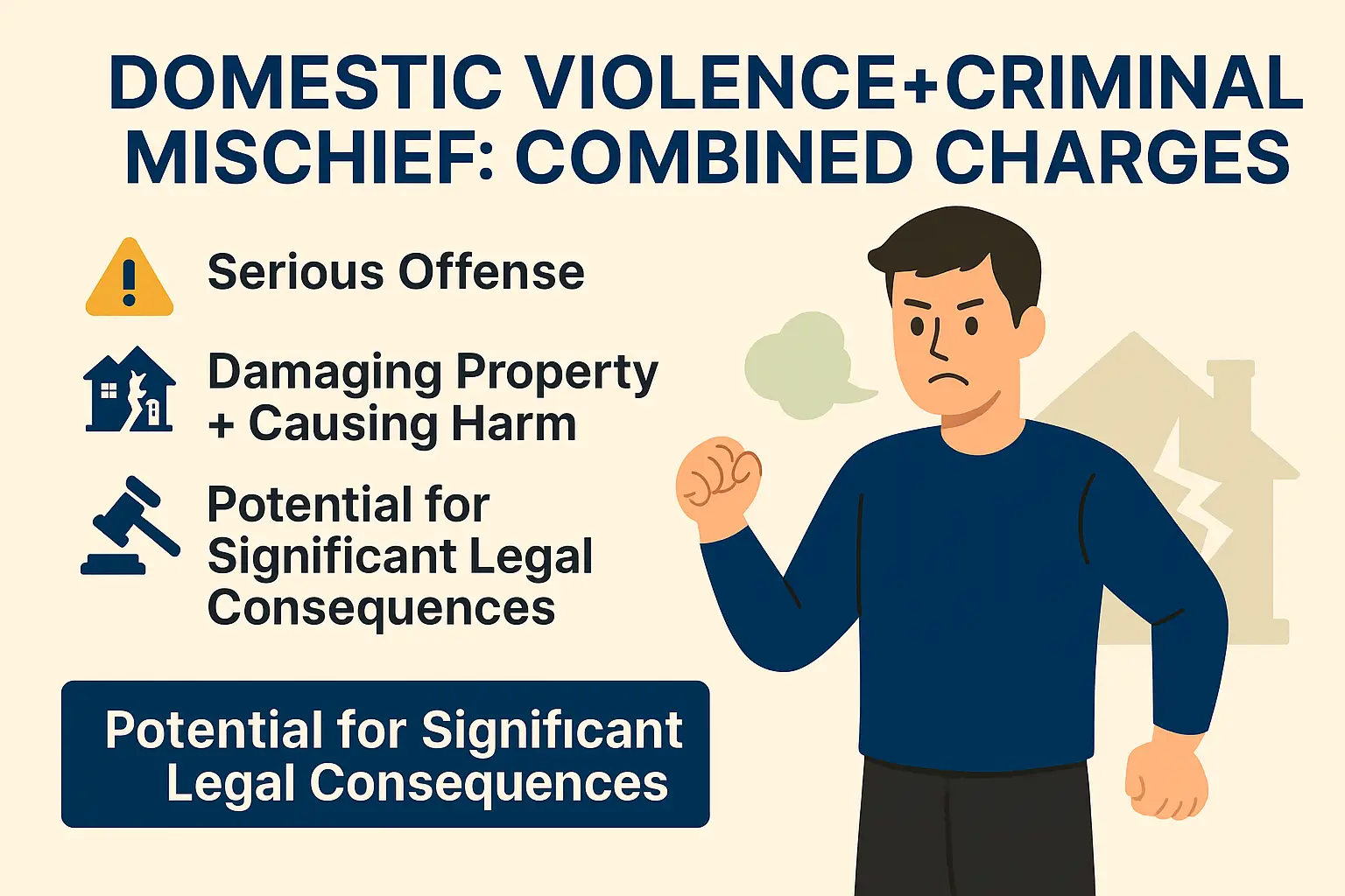 Horizontal infographic titled “Domestic Violence + Criminal Mischief: Combined Charges.” Beige background with navy-blue text and gold icons. Left side lists key points with matching icons: a warning triangle labeled “Serious offense,” a house-with-break icon labeled “Damaging property + causing harm,” and a gavel icon labeled “Potential for significant legal consequences.” Right side features an illustration of an angry man with fists clenched standing in front of a cracked house silhouette. A navy banner at the bottom reads: “Potential for Significant Legal Consequences.”