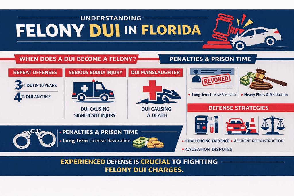 Horizontal infographic explaining felony DUI in Florida, showing when a DUI becomes a felony due to repeat offenses, serious bodily injury, or manslaughter, the potential penalties including prison time and license revocation, and common defense strategies such as challenging evidence, accident reconstruction, and causation disputes.