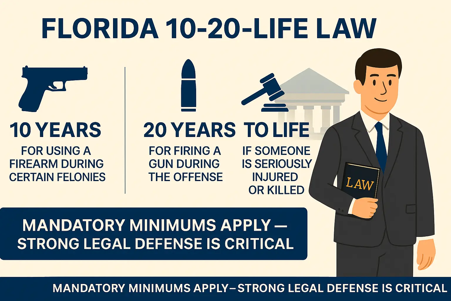 Horizontal infographic titled “Florida 10-20-Life Law.” Beige background with navy-blue text and icons. Left section features a handgun icon labeled “10 years — for using a firearm during certain felonies.” Center section displays a bullet icon labeled “20 years — for firing a gun during the offense.” Right section shows a gavel and courthouse icon labeled “25 years to life — if someone is seriously injured or killed.” On the far right, an illustrated attorney in a navy suit holds a law book with a courthouse silhouette behind him. A navy banner along the bottom reads: “Mandatory minimums apply — strong legal defense is critical.”