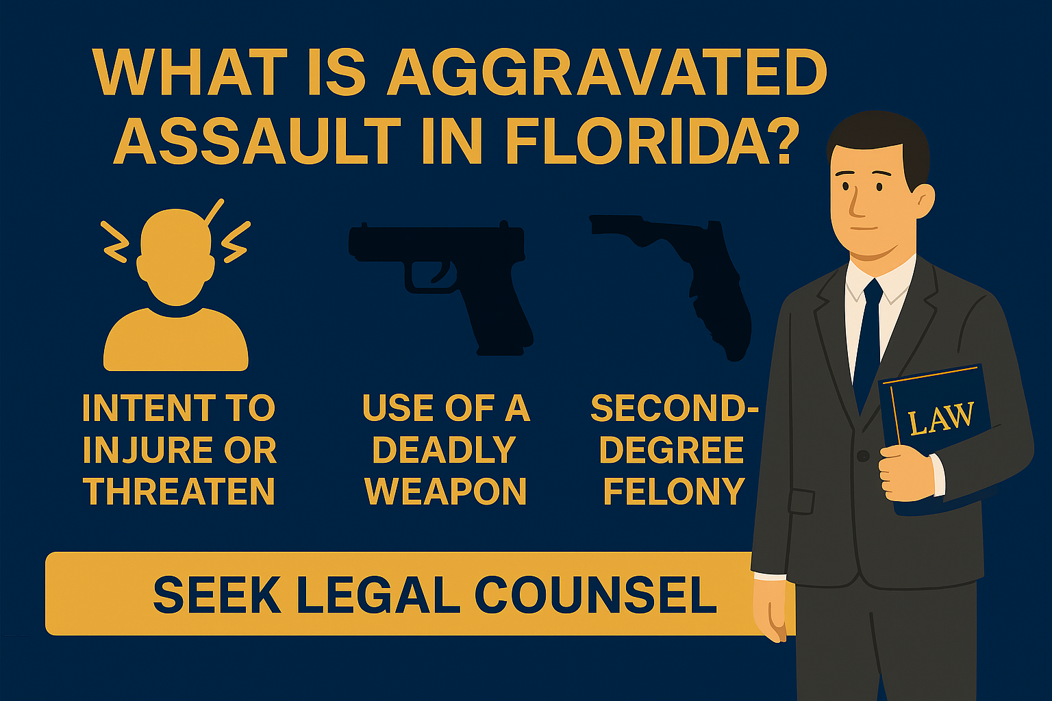 Horizontal infographic titled ‘What Is Aggravated Assault in Florida?’ with a dark blue background and gold text. Icons illustrate intent to injure or threaten, use of a deadly weapon, and classification as a second-degree felony. A lawyer illustration holding a law book appears on the right, with a gold banner reading ‘Seek Legal Counsel