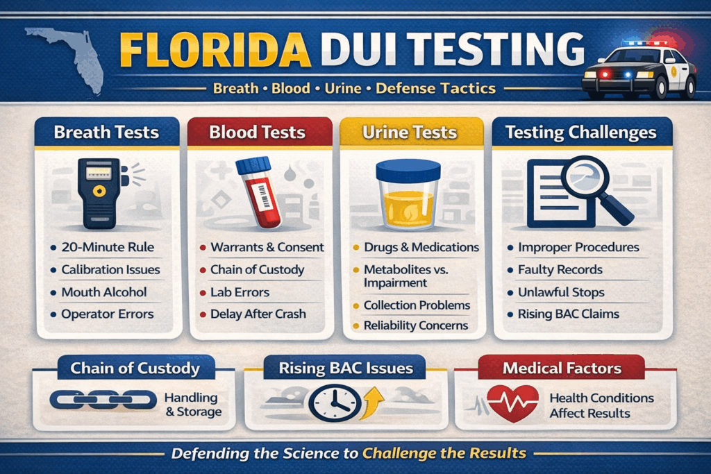Infographic explaining Florida DUI testing, including breath, blood, and urine tests, common testing errors, chain of custody issues, rising BAC defenses, and medical factors that can affect DUI test results.