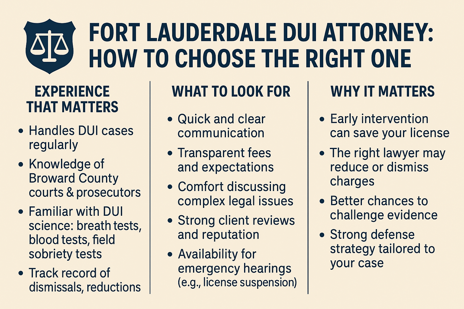 Horizontal infographic titled ‘Fort Lauderdale DUI Attorney: How to Choose the Right One’ on a beige background with navy text and a scales-of-justice icon. Three columns explain what experience matters—such as handling DUI cases and knowledge of Broward County courts—what to look for in a lawyer, including communication and transparent fees, and why choosing the right attorney matters, including protecting your license and improving chances of reducing or dismissing charges.