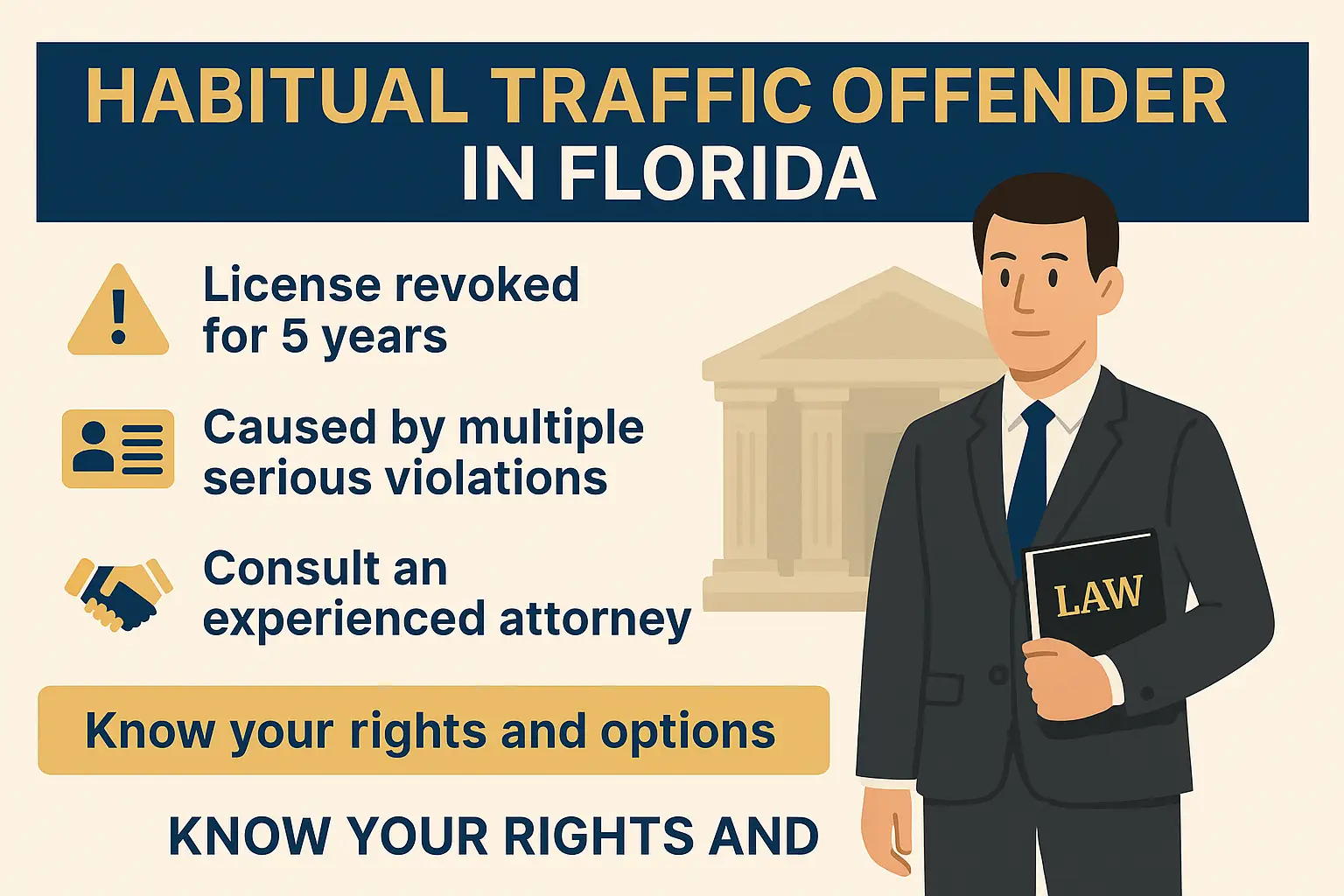 Horizontal infographic titled “Habitual Traffic Offender in Florida.” Beige background with navy-blue and gold accents. Left column includes three icons with text: a warning triangle labeled “License revoked for 5 years,” an ID card labeled “Caused by multiple serious violations,” and a handshake labeled “Consult an experienced attorney.” Right side features an illustrated attorney in a suit holding a law book with a courthouse silhouette behind him. A gold banner at the bottom reads: “Know your rights and options.”