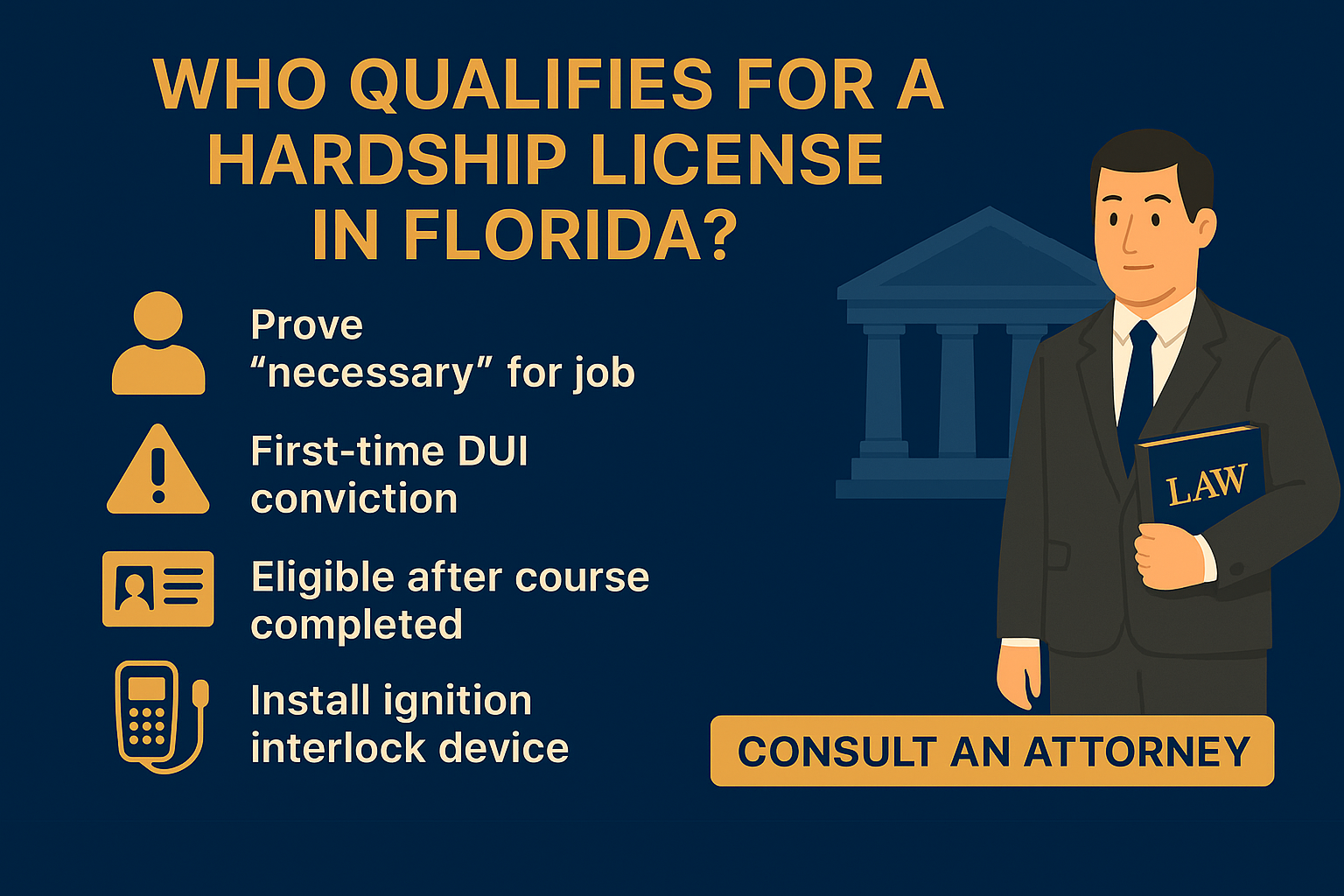 Horizontal infographic titled ‘Who Qualifies for a Hardship License in Florida?’ with a dark blue background and gold text. Icons illustrate key requirements: proving the license is necessary for work, first-time DUI conviction, eligibility after completing a course, and installing an ignition interlock device. A lawyer holding a law book stands beside a courthouse silhouette. A gold banner at the bottom reads ‘Consult an Attorney.’