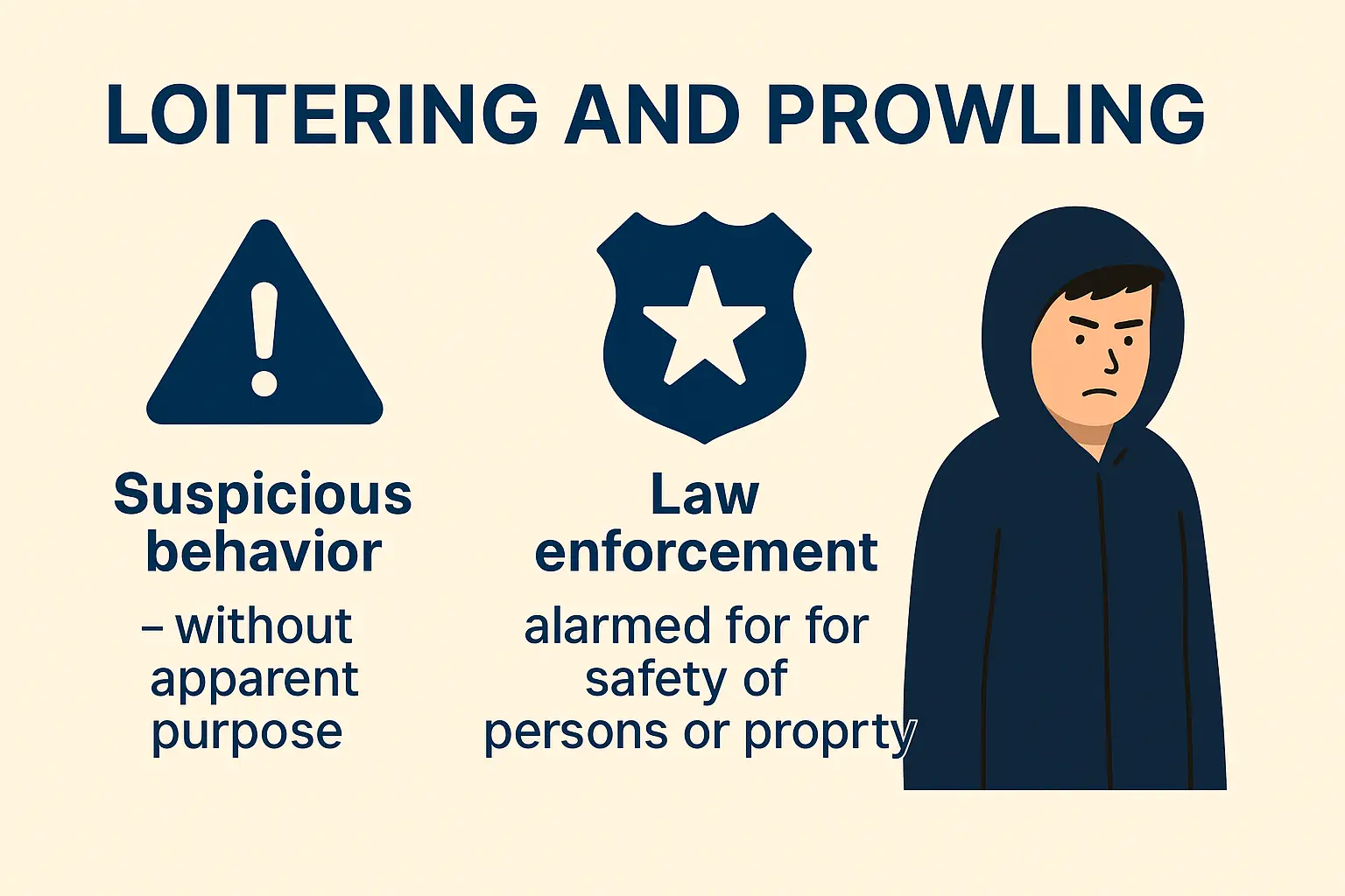 Horizontal infographic titled “Loitering and Prowling.” Beige background with navy-blue icons and text. Left section shows a warning triangle icon with the caption “Suspicious behavior — without apparent purpose.” Center section shows a police badge icon labeled “Law enforcement alarmed for safety of persons or property.” Right side features an illustration of a suspicious-looking man wearing a dark hoodie. No bottom bar is present. Clean, simple design explaining the elements of Florida’s loitering and prowling law.