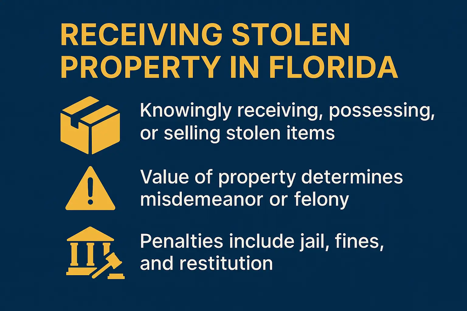 Horizontal infographic titled “Receiving Stolen Property in Florida.” Dark navy background with gold icons and white text. Left column features a gold package icon with the caption “Knowingly receiving, possessing, or selling stolen items.” The center column shows a gold warning triangle icon with the caption “Value of property determines misdemeanor or felony.” The right column displays a courthouse and gavel icon labeled “Penalties include jail, fines, and restitution.” Simple, bold layout explaining the legal consequences of receiving stolen property in Florida.