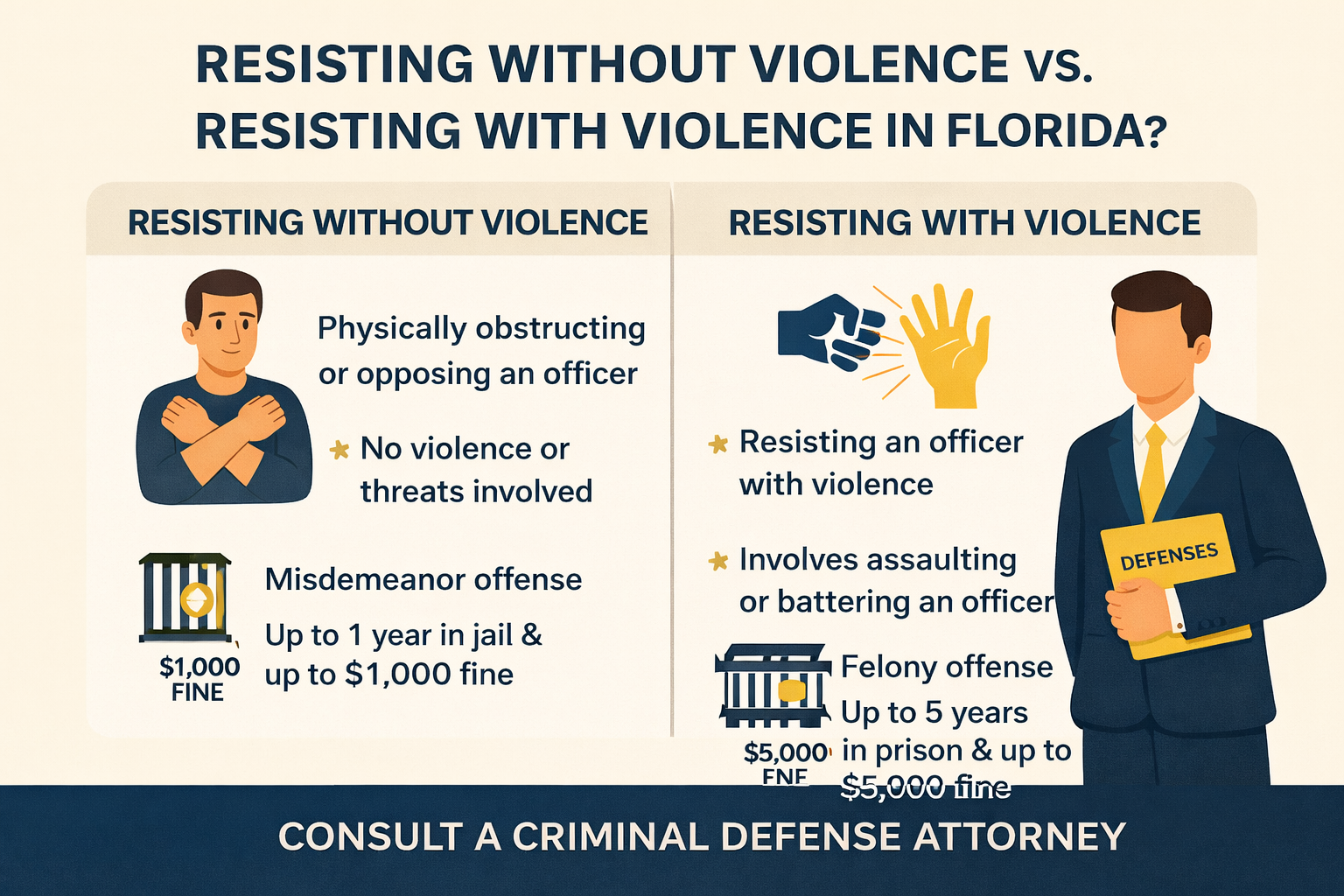 Horizontal infographic titled ‘Resisting Without Violence vs. Resisting With Violence in Florida?’ on a light beige background with navy and gold accents. The left panel explains resisting without violence, including physically obstructing an officer without threats or force, classified as a misdemeanor punishable by up to one year in jail and a $1,000 fine. The right panel explains resisting with violence, involving assault or battery on an officer, classified as a felony punishable by up to five years in prison and a $5,000 fine. An illustrated attorney holding a ‘Defenses’ folder appears on the right, with a bottom banner reading ‘Consult a Criminal Defense Attorney.
