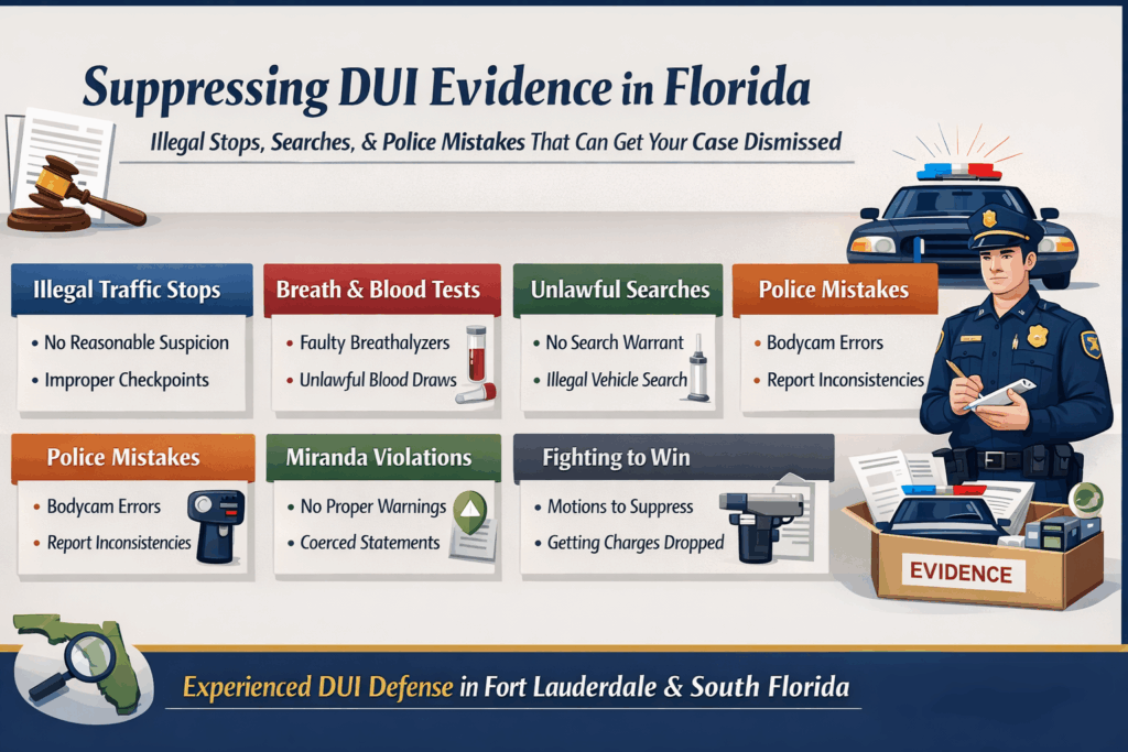 Suppressing DUI evidence in Florida infographic, highlighting illegal traffic stops, breath and blood tests, unlawful searches, police mistakes, and strategies for challenging evidence in DUI cases.