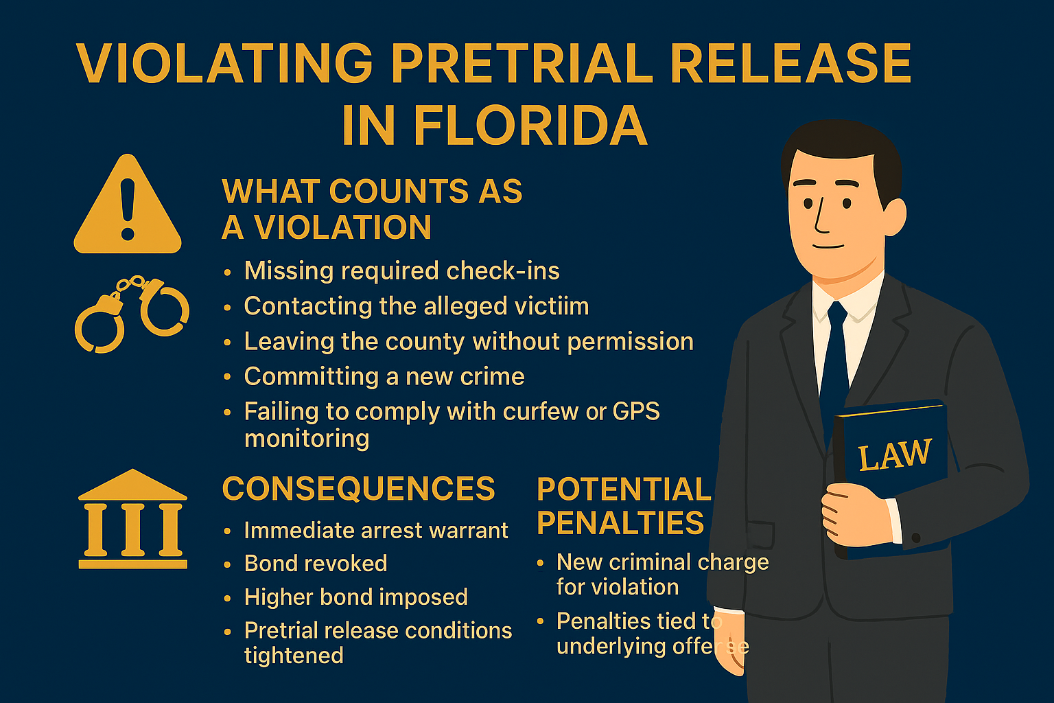 Horizontal infographic titled ‘Violating Pretrial Release in Florida’ with gold text on a dark navy background. Left side lists what counts as a violation—including missed check-ins, contacting the alleged victim, leaving the county, committing a new crime, and violating curfew or GPS rules—alongside warning and handcuff icons. Center section outlines consequences such as arrest warrants, bond revocation, higher bond, and tightened release conditions. Right section lists potential penalties including new criminal charges and penalties tied to the underlying offense. An attorney illustration holding a ‘LAW’ book appears on the right.