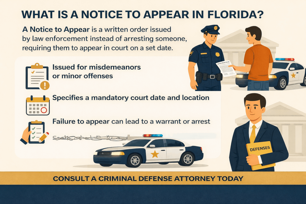 Horizontal infographic titled ‘What Is a Notice to Appear in Florida?’ on a light beige background with navy and gold accents. The graphic explains that a Notice to Appear is a written order issued by law enforcement instead of an arrest, requiring a court appearance on a set date. Icons note it is commonly issued for misdemeanors or minor offenses, includes a mandatory court date and location, and that failure to appear can result in a warrant or arrest. Illustrations show a police officer issuing a notice, a police car, and a defense attorney holding a ‘Defenses’ folder. A bottom banner reads ‘Consult a Criminal Defense Attorney Today.’
