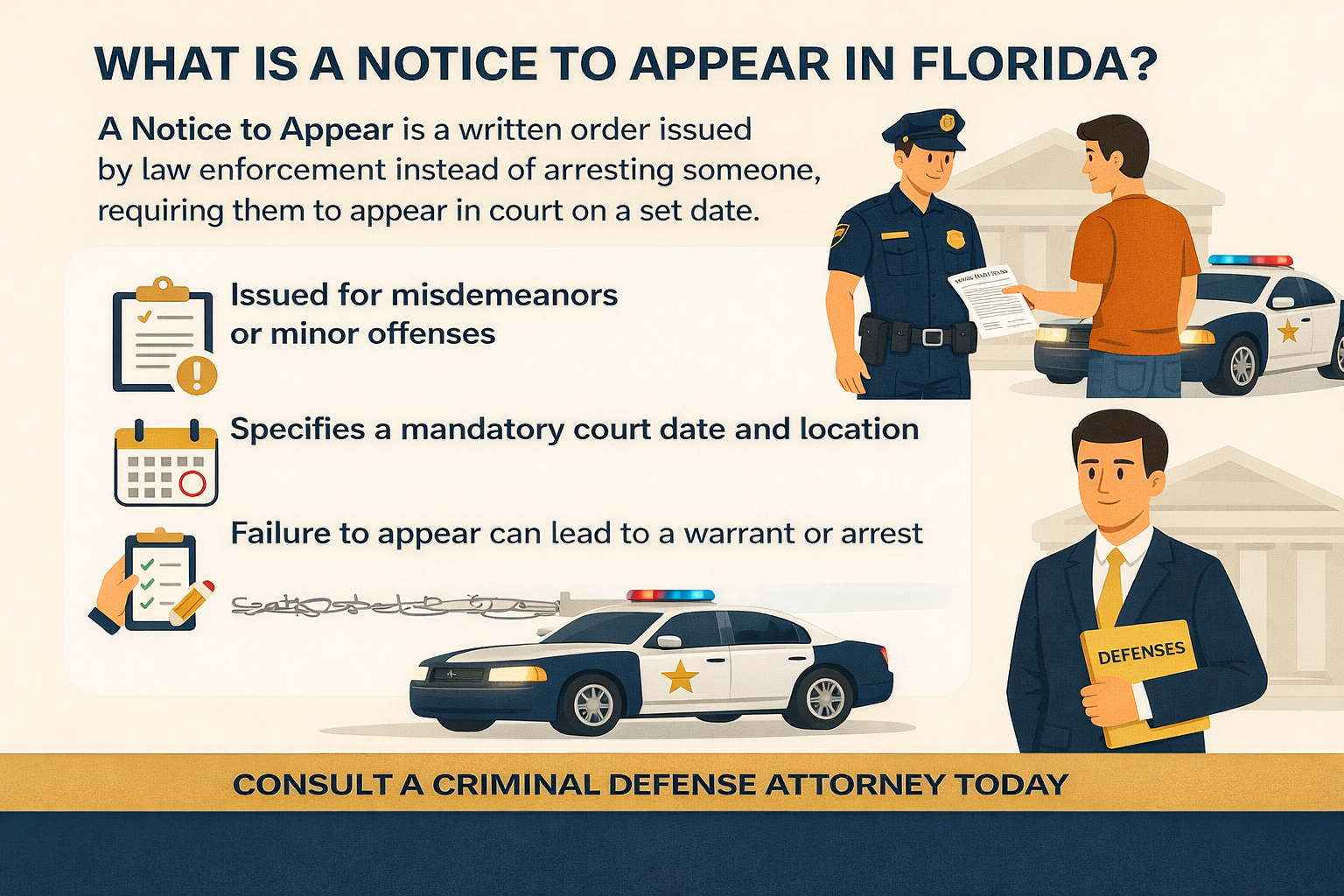 Horizontal infographic titled ‘What Is a Notice to Appear in Florida?’ on a light beige background with navy and gold accents. The graphic explains that a Notice to Appear is a written order issued by law enforcement instead of an arrest, requiring a court appearance on a set date. Icons note it is commonly issued for misdemeanors or minor offenses, includes a mandatory court date and location, and that failure to appear can result in a warrant or arrest. Illustrations show a police officer issuing a notice, a police car, and a defense attorney holding a ‘Defenses’ folder. A bottom banner reads ‘Consult a Criminal Defense Attorney Today.’