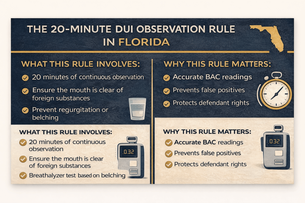 20-minute DUI observation rule in Florida, outlining continuous observation, mouth clearance, and prevention of belching, emphasizing accurate BAC readings and protection of defendant rights.