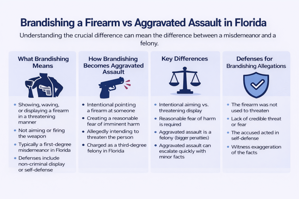 Brandishing a firearm versus aggravated assault infographic illustrating legal definitions, differences, and defenses in Florida firearm-related incidents.